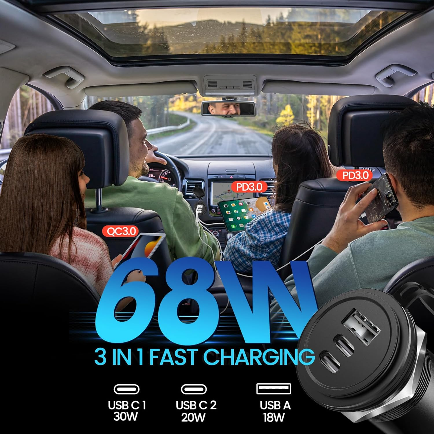 12V USB C Socket Campervan USB Outlet All Aluminum, 68W Dual Port Type C PD 3.0 & QC3.0 Fast Charger Waterproof for Camper Van Trailer Caravan Boat Truck Motorcycle (2 Pack) image number 3