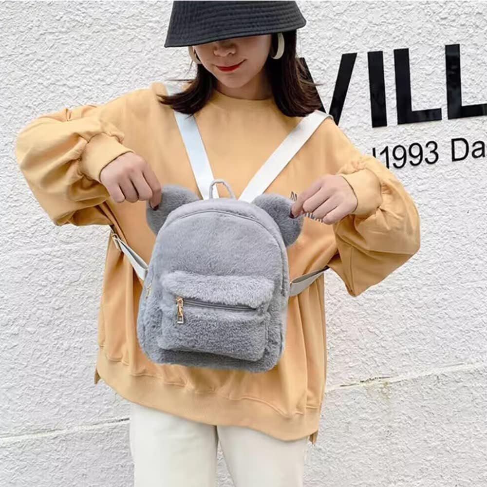 Cute Fuzzy Bear Ears Backpack Kawaii Soft Fluffy Casual Daypack Mini Shoulder Bag Purse for Girls