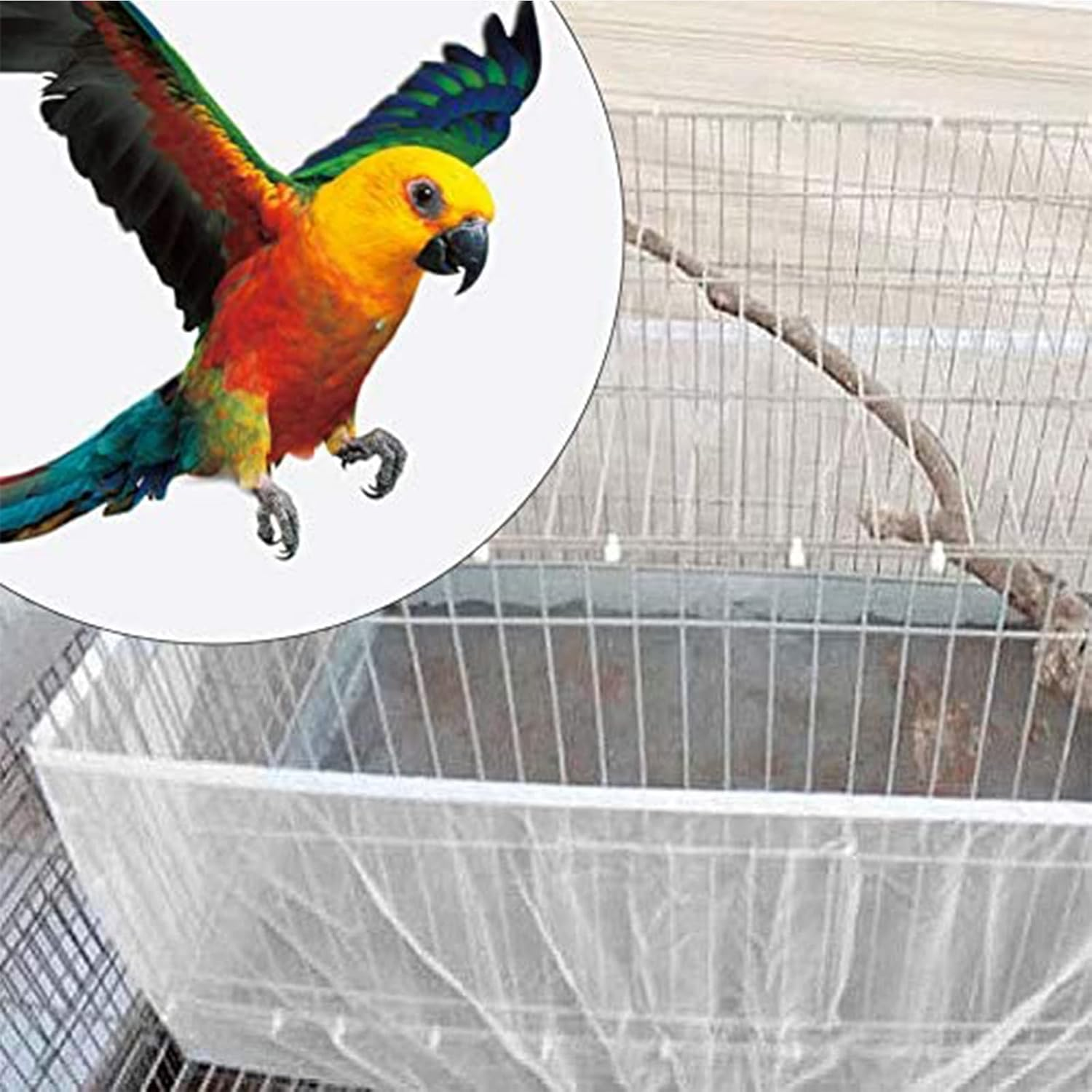 Kiuiom Bird Cage Cover, Bird Cage Seed Catcher, Protective Net for Bird Cage, Mesh Seed Catcher, Adjustable Circumference 88-166 Cm, Parrots, Nylon Net for Round, Square, Birds, Parrot Pet