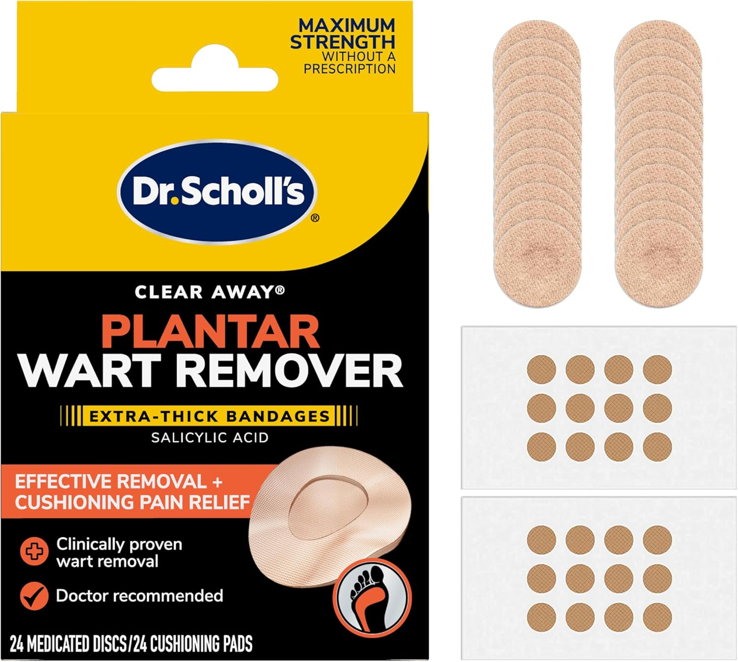 Dr. Scholl&rsquo;S Clear Away Plantar Wart Remover for Feet, 24 Medicated Discs & 24 Cushioning Pads // Maximum Strength without a image number 1