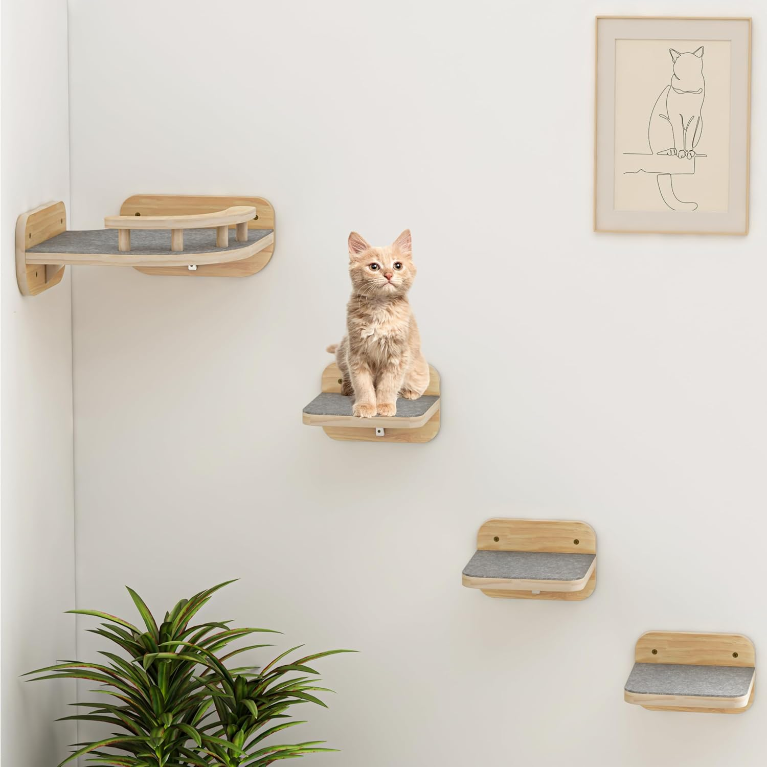 Megidok Corner Cat Climbing Shelf Perches Set Furniture, Cat Bed Wall Mounted with Soft Cushion, Modern Floating Stairs for Wall Indoor-Wood Color&shy;