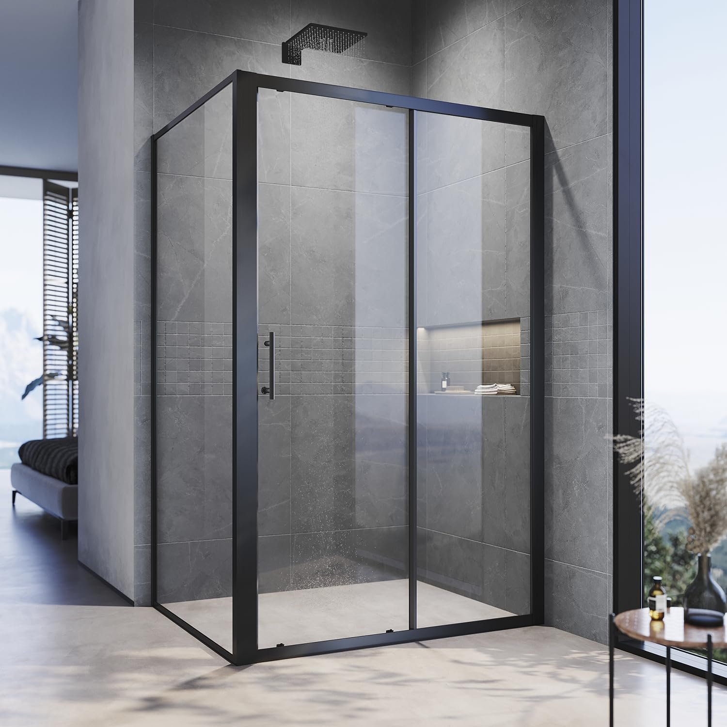 ELEGANT Sliding Shower Enclosure, Black Framed Shower Screen, 5Mm Tempered Glass, Sliding Shower Door with Side Glass Panel, No Base and Waste Outlet, 1000X760X1900Mm