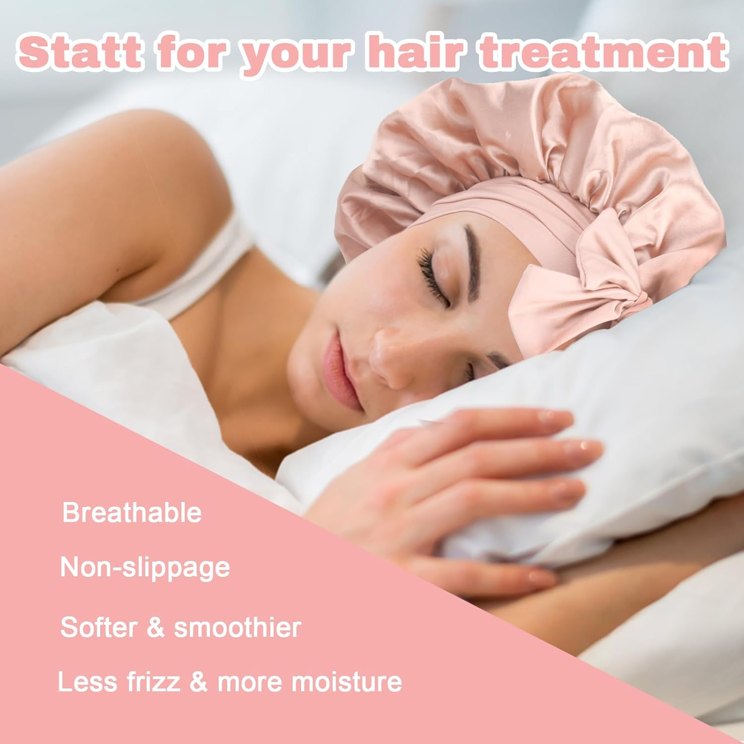 Jeyzuroa Silk Bonnet Sleep Bonnet for Women with Adjustable Band - Premium Breathable Satin-Like Hair Wrap Cap for Curly & Natural Hair, Single Layer Night Protection (Pink)