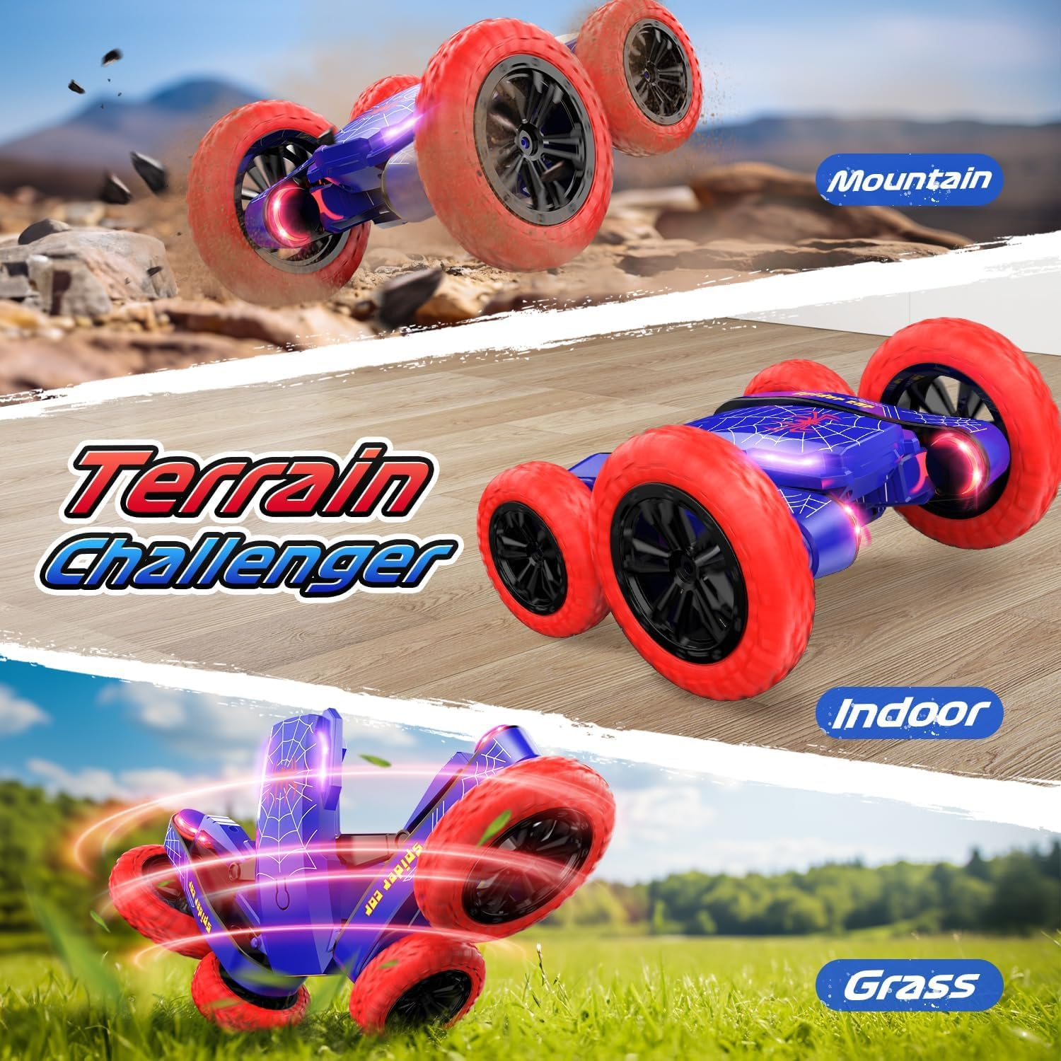 DEERC Spider Remote Control Car - Double Sided Mini RC Stunt Car, 360&deg;Rotating 4WD Off-Road RC Cars with Headlights 2.4Ghz Indoor/Outdoor Rechargeable Toy Car for Boys Age 6+ Birthday Xmas Gift image number 2