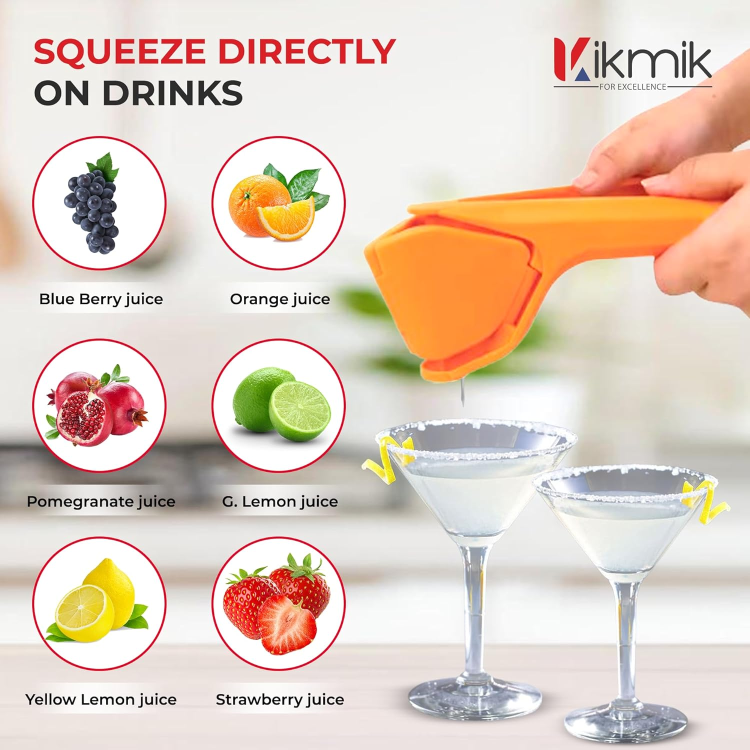 Kikmik Lemon Squeezer - Citrusease Foldable Manual Fruit Juicer: Effortless Juicing with Space-Saving Ergonomics Design &ndash; Hand Squeeze with Sideways Pivot for Maximum Juice Yield-(Orange) image number 2