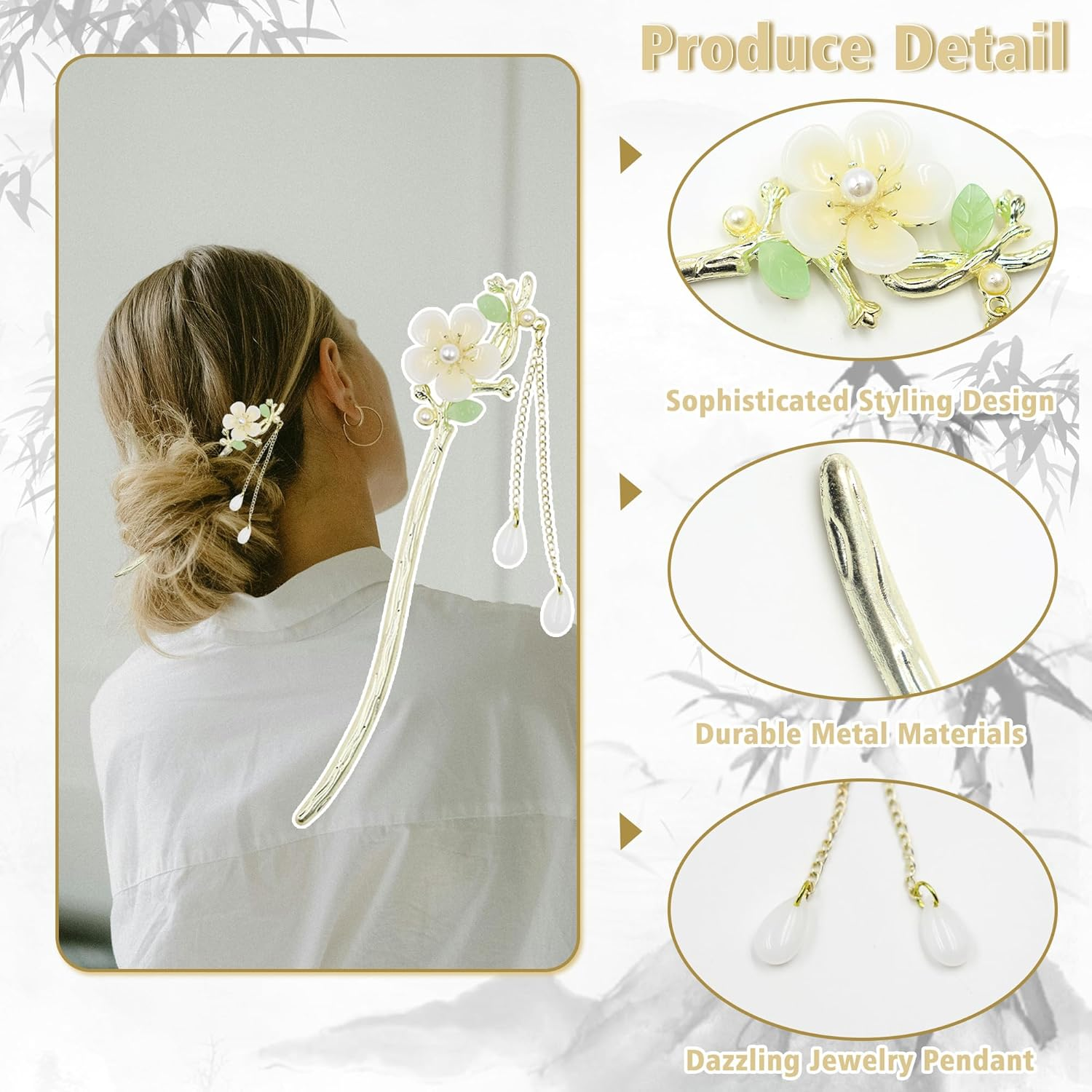 6 Pcs Chinese Hair Sticks with Pendants, Gold Metal Japanese Hair Pin for Long Hair, Retro Chinese Hair Pin for Women, Traditional Hanfu Hair Chopsticks, Hair Flower Accessories (Gold) image number 2