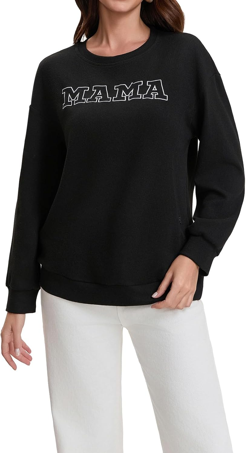 TAIUICY Women Waffle Knit Mama with Zippers Breastfeeding Sweatshirt Mama Embroidered Zip Nursing Pullover Tops