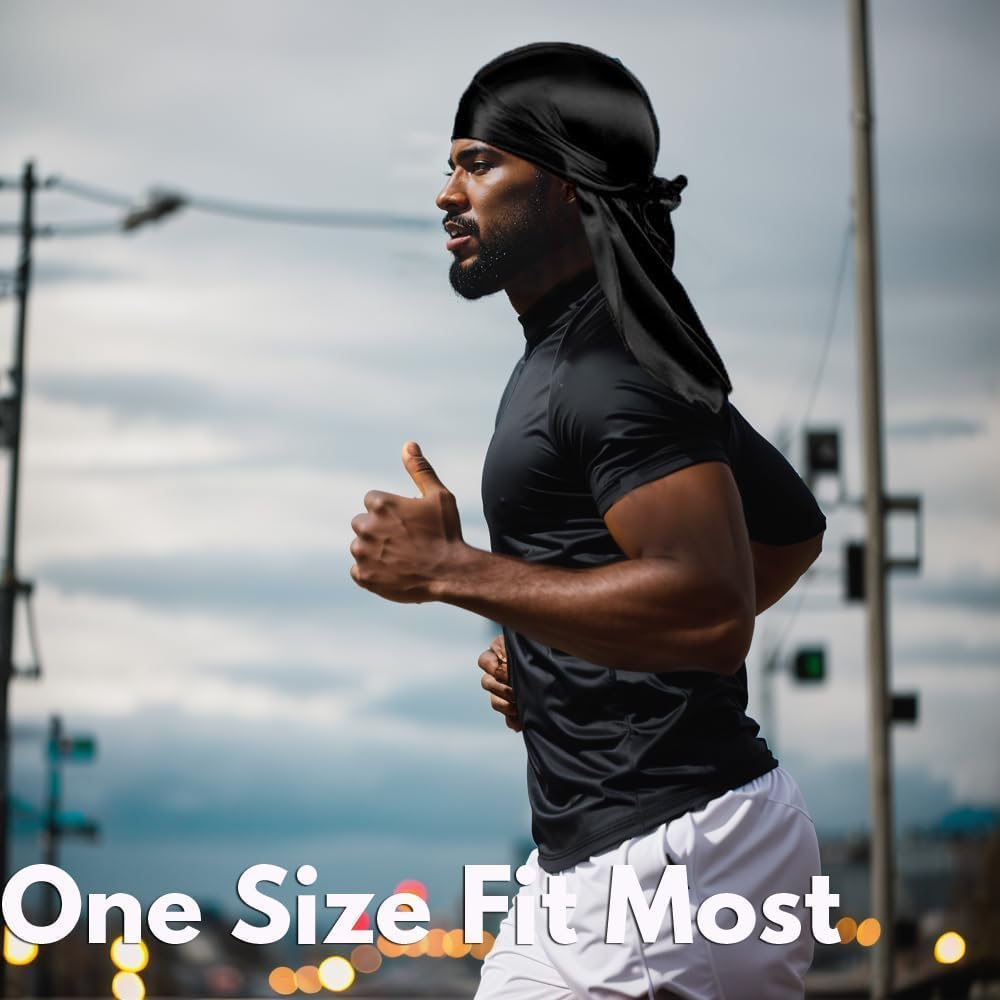 6 Pcs Silky Durag Headwraps Dorag for Men Women Waves, Durags Pack with Long Tail and Wide Straps, 6 Colors image number 5
