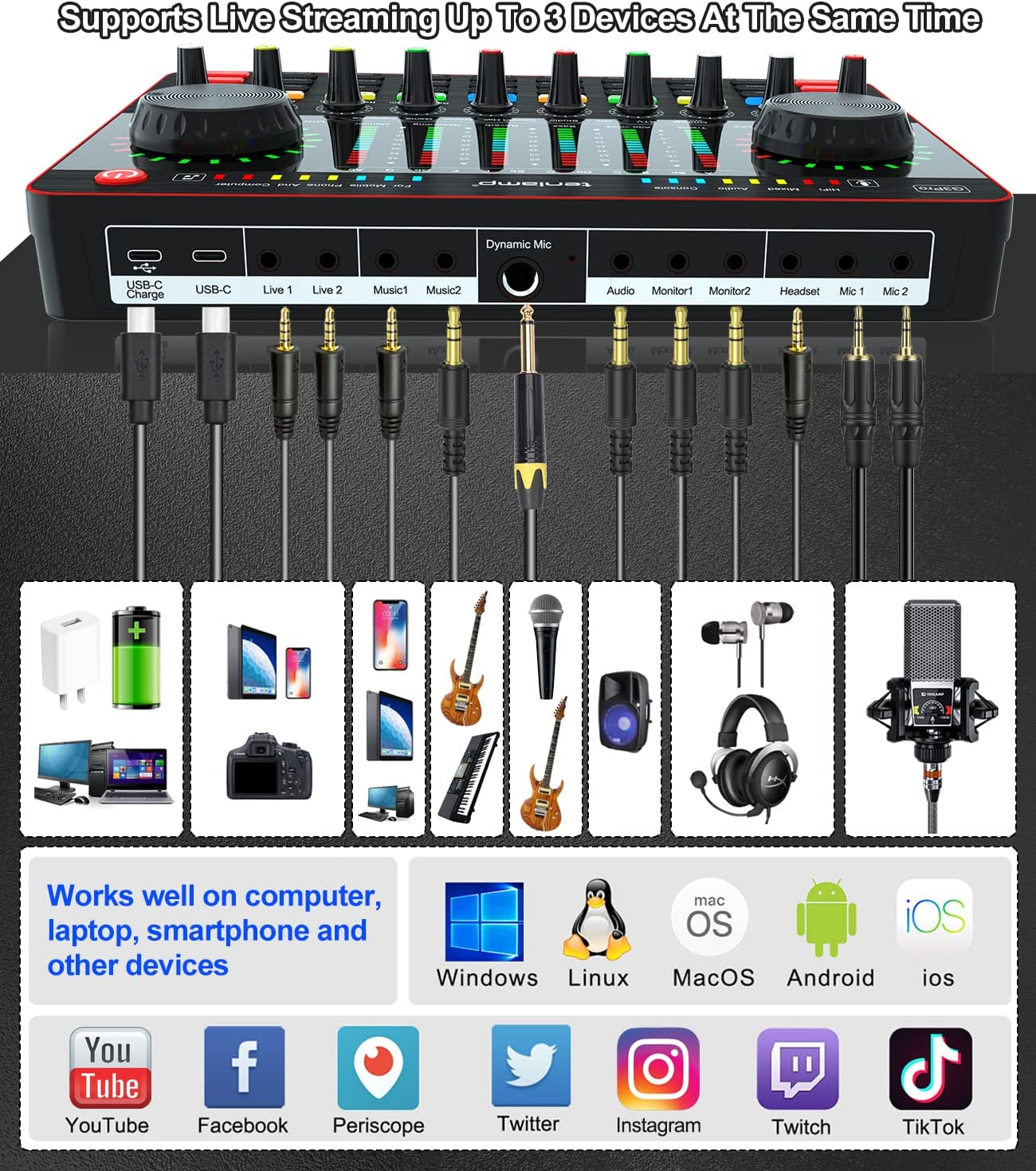 Podcast Equipment Bundle, Tenlamp Studio XLR-3.5 Cardioid Condenser Microphone & G3Pro Portable Audio Interface with Mixer and Sound Card Soundboard Voice Changer DJ Controller, All-In-One Podcast Mic Kit for Phone PC Live Streaming Podcast Recording Gaming Youtube Tik Tok Guitar image number 3
