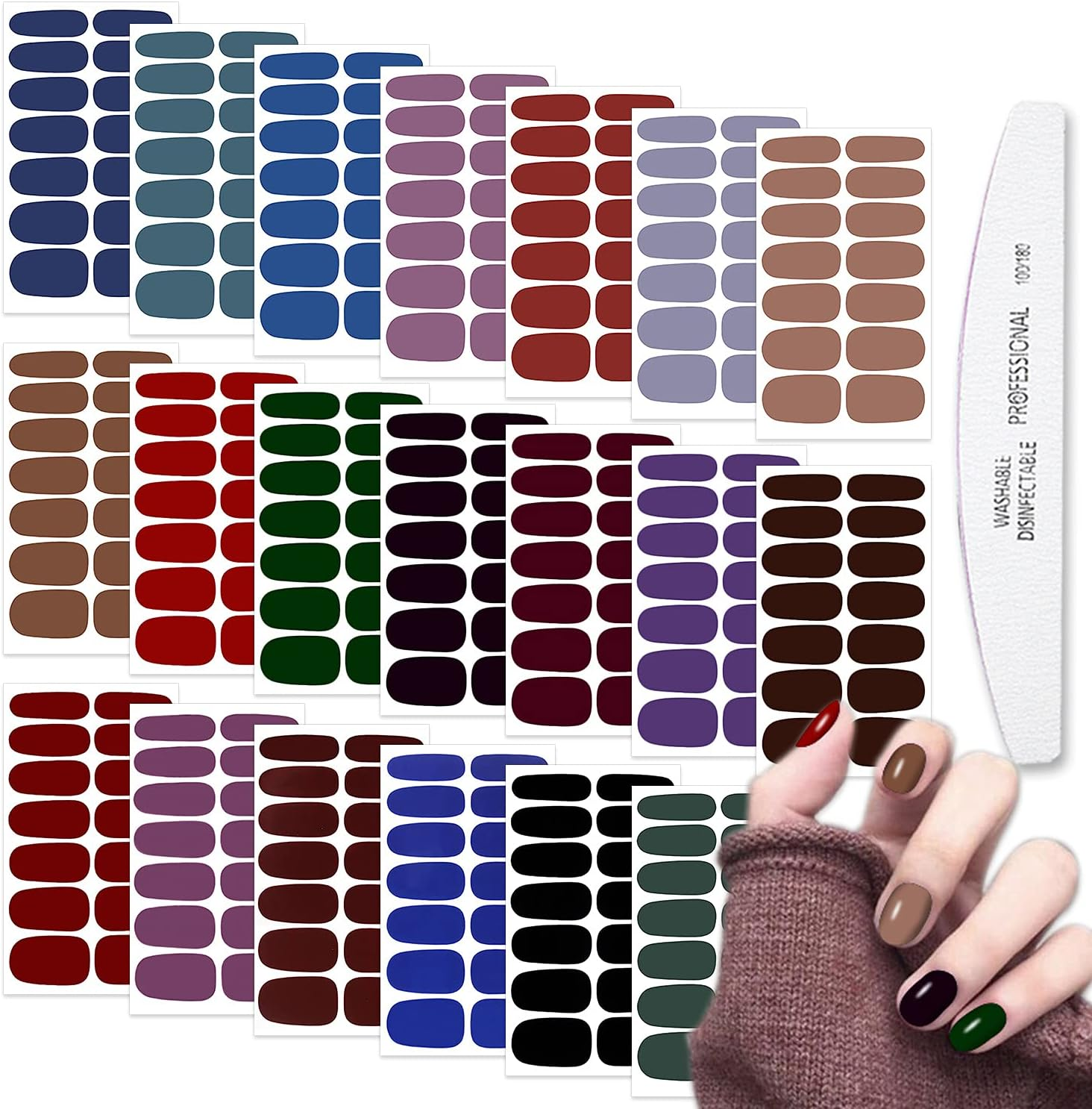WOKOTO 20 Sheets Dark Solid Color Series Nail Polish Strips Stickers with Nail File Self-Adhesive Punk Rock Gel Nail Strips Full Wraps for Women Nails Art Stickers image number 4