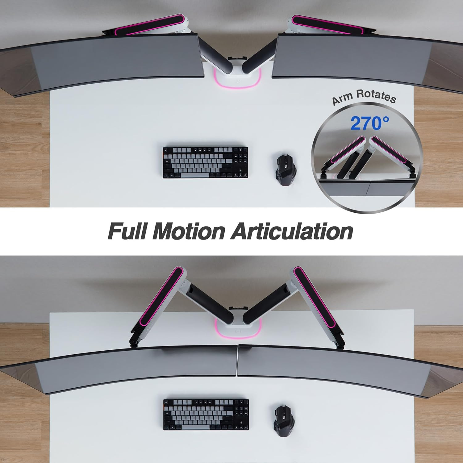 AVLT Dual RGB Gaming Monitor Arms Desk Mount, Fits 27&rdquo;-43&rdquo; Monitors, 20 Lighting Modes with Touch Control, Adjustable Height, Swivel Tilt Rotation Stand - White image number 6