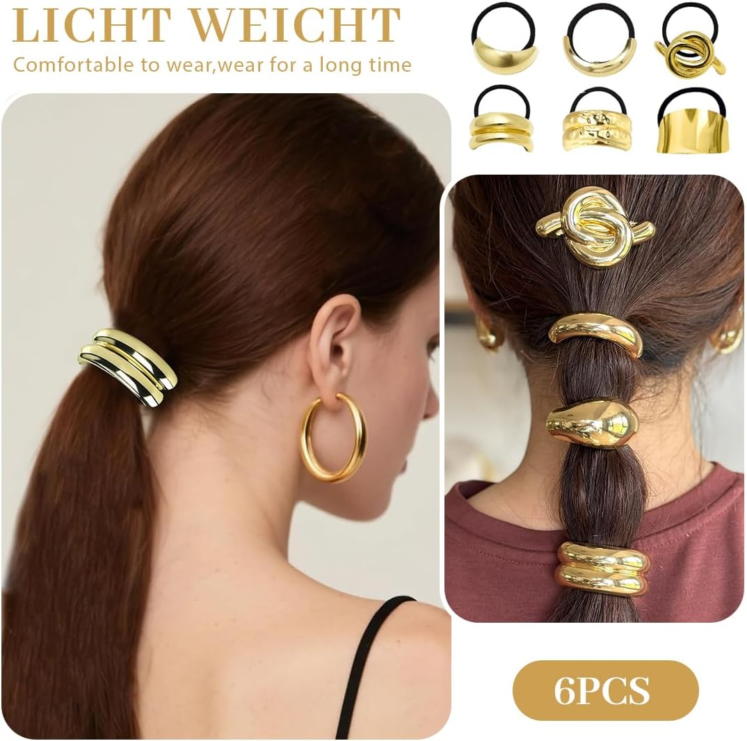 JYNXOR Pack of 6 Women'S Hair Bands, Hair Cuffs for Ponytail, Metal Hair Cuff, Hair Scrunchie, Gold, Hair Cuffs for Ponytails, Gold Hair Bobbles, Punk Hair Holder, Gold Ponytail Cuff image number 4