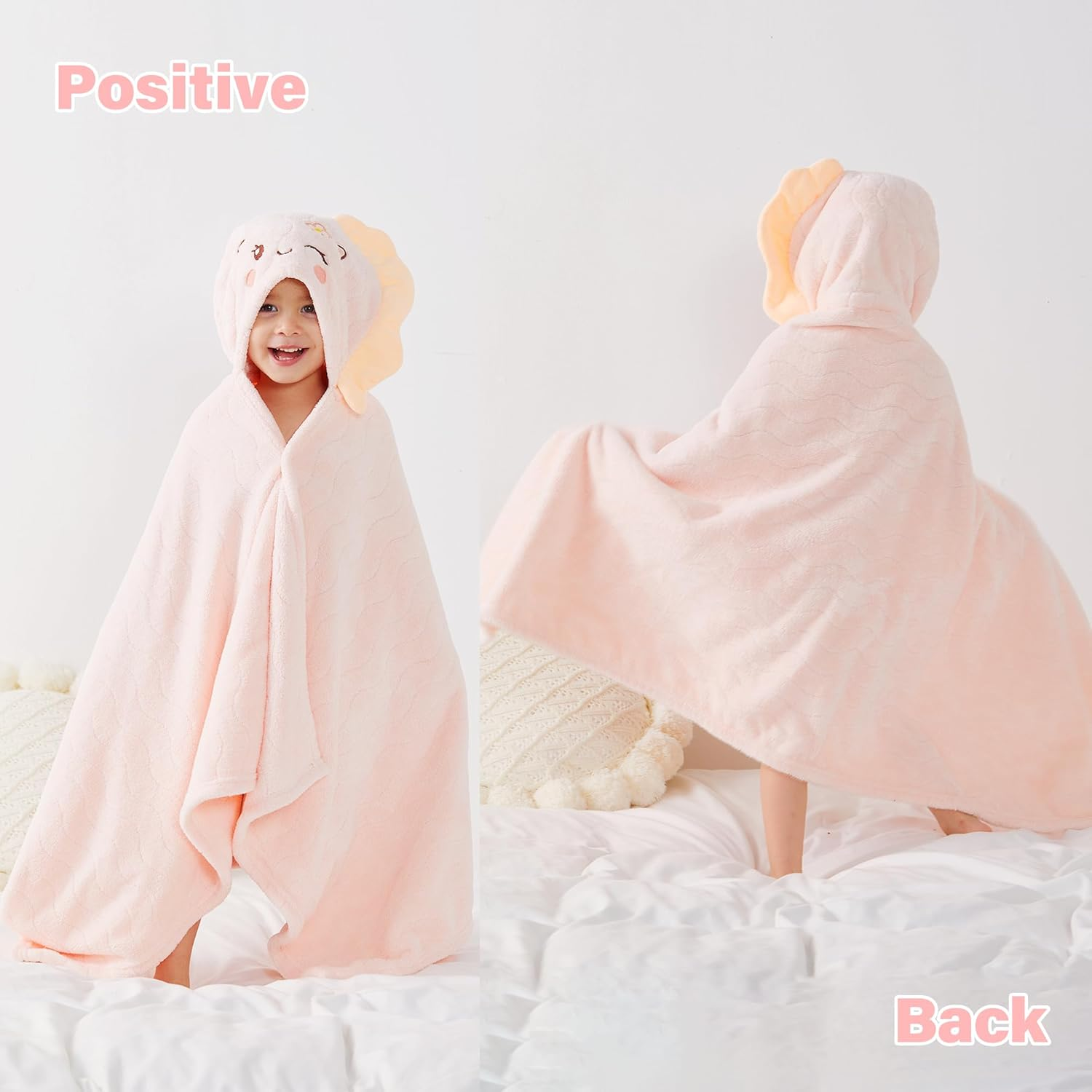 Hooded Towel for Kids, 2 Pack Coral Fleece Kids Bath Towels, Soft and Absorbent Toddler Towels with Hood Age 0-12 Years for Toddler, Infant, Kids - Large 27.5 X 55 Inch (Pink Unicorn & Green Dinosaur) image number 5