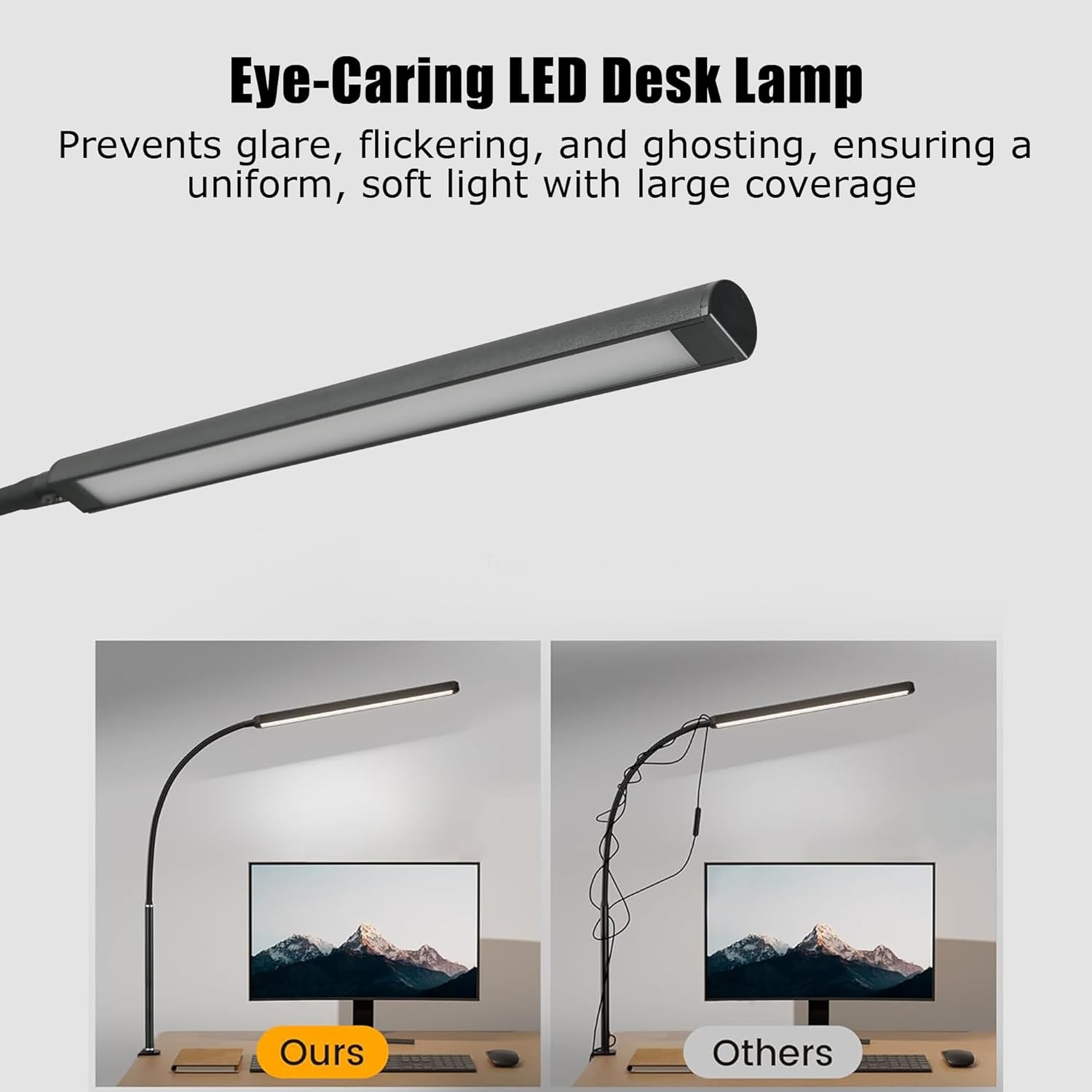 YOUYICI LED Desk Lamp with Clamp, Eye-Caring Clip Lights for Home Office, 3 Colors Stepless Dimming, Flexible Gooseneck Table Lamp with USB Adapter for Reading Working Workbench Drawing Gaming (Black) - Black image number 3