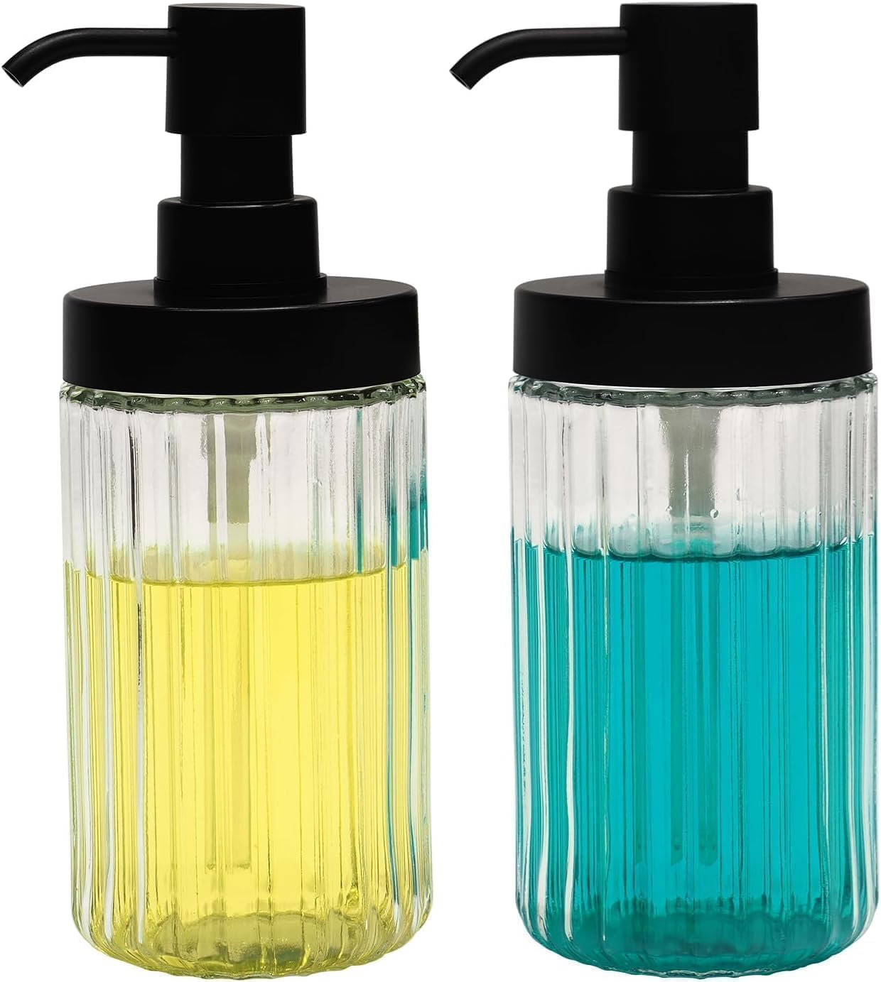 2 PCS Glass Soap Dispenser Set for Bathroom & Kitchen Sink Refillable Liquid Soap Bottle with Squeeze Pump for Hand Dish Soap, Shower Gel, Shampoo and Conditioner-425Ml