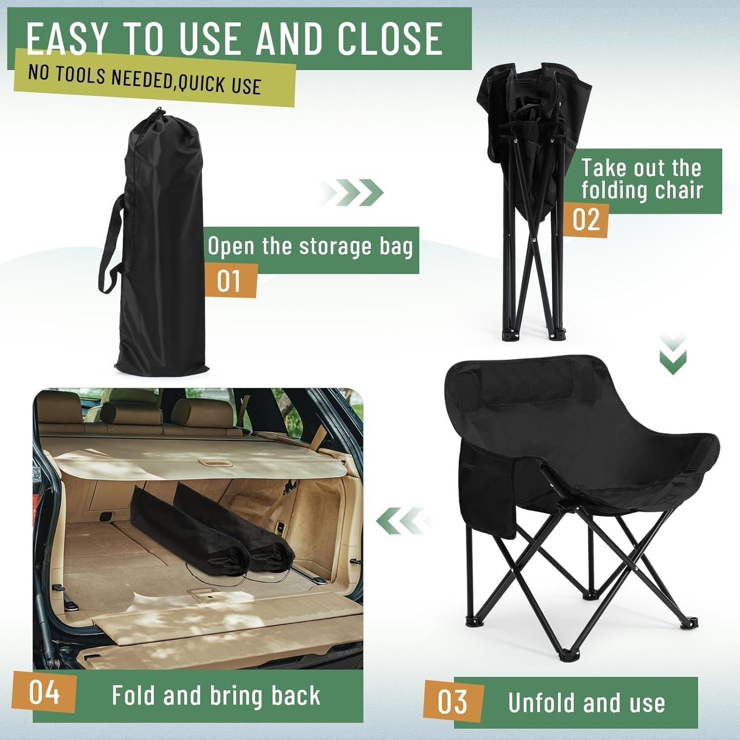 Camping Chair, Portable Folding Outdoor Chairs for Adult with Carry Bag and Side Pockets, Lightweight Folding Moon round Chair and Lawn Chairs for outside Fishing, Hiking, BBQ, Travel, Beach (Black) image number 3