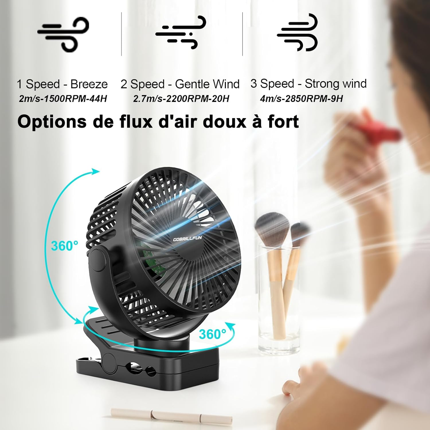 GOBRILLFUN 12000Mah Clip Fan with LED Lights & Timer, USB Rechargeable, 3 Speeds Battery Operated Fan with Timer, Personal Fan for Golf Cart Office Outdoor Travel Camping Tent Gym Treadmill - 6 Inch image number 3