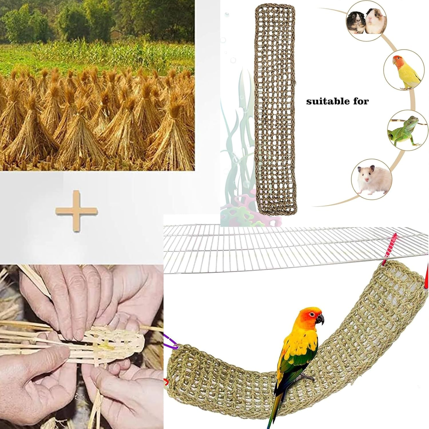 Natural Grass Woven Bird Net Hammock,Bird Seagrass Mat,Climbing Rope Ladder,Hammock Hanging on Parrot Cage,With 4 Hooks,Chew Toys for Lovebirds,Cockatiels,Pigeon,Budgies Etc (29.5 X 7In/75 * 18Cm) image number 5