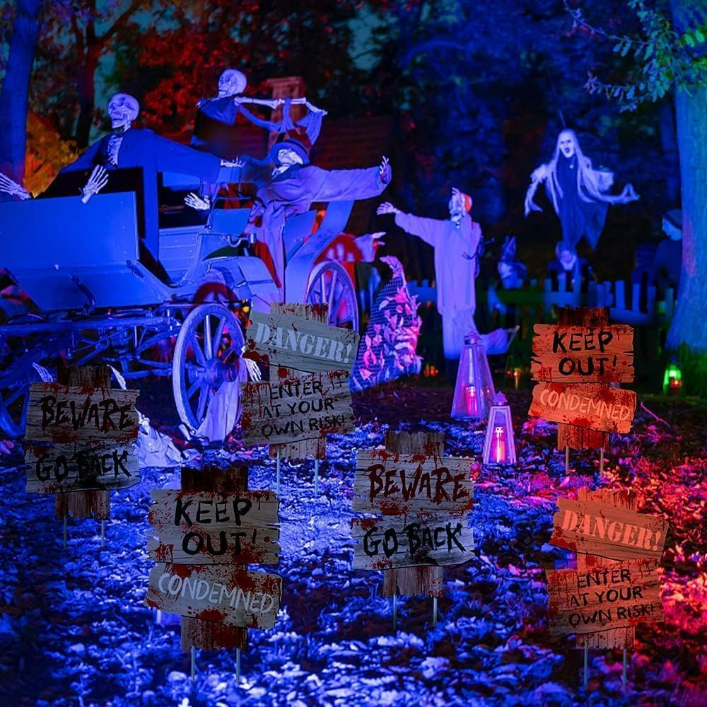 Halloween Decorations Outdoor Beware Yard Signs Stakes Creepy Assorted Warning Sign, Scary Zombie Theme Party Decor Supplies, Halloween Party Decorations, 6 Pieces, 22 X 30 CM (A)