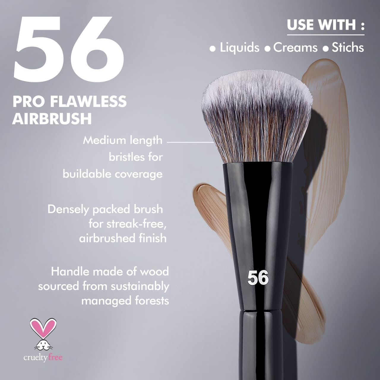 Bueart Design PRO Flawless Airbrush Makeup Brush 56 with Ultra-Soft Dense Bristles for Liquid,Cream,Powder