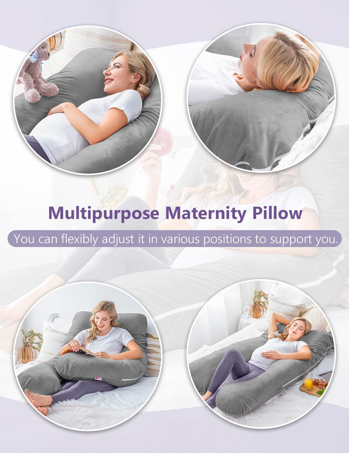 Meiz Pregnancy Pillow, U Shaped Pregnancy Body Pillow with Zipper Removable Cover (Gray- Velvet) image number 4