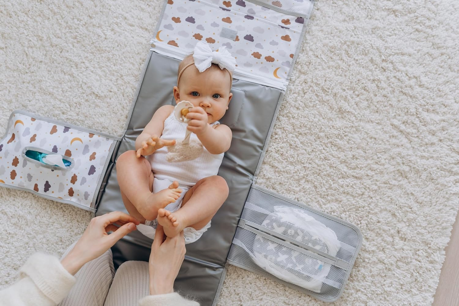 Changing Mat for on the Go Compact Changing Mat XL - Combinable Removable Changing Bag with 6 Compartments, Cloth Dispenser and Comfortable Pillow for Your Baby'S Head.
