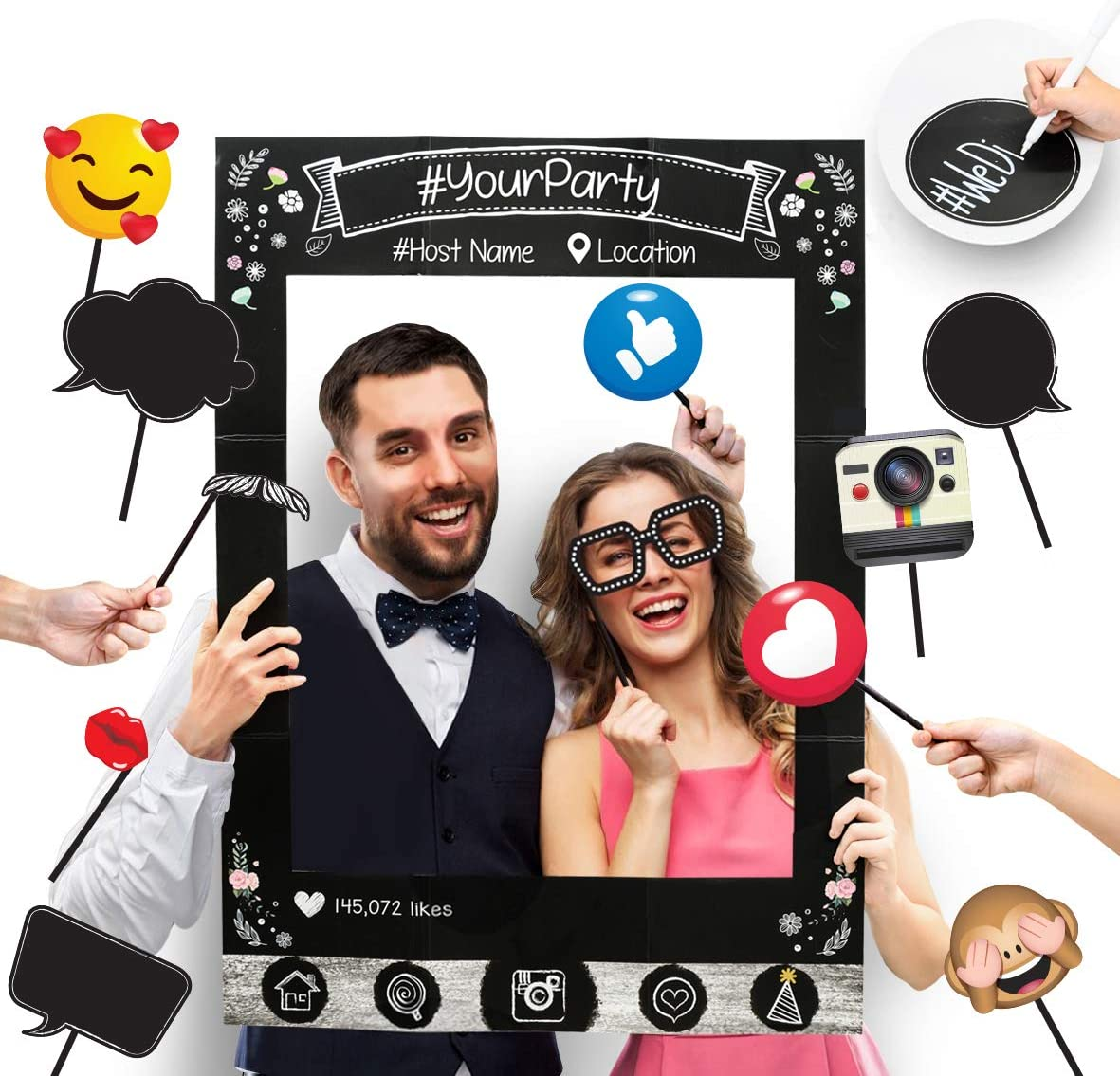 Insta-Themed Social Media Party Photo Booth Frame with Emoji & Personalized Speech Bubble Props. Great as Vintage Background Photography for Birthday, Anniversary, Wedding Supplies Event Decoration image number 5