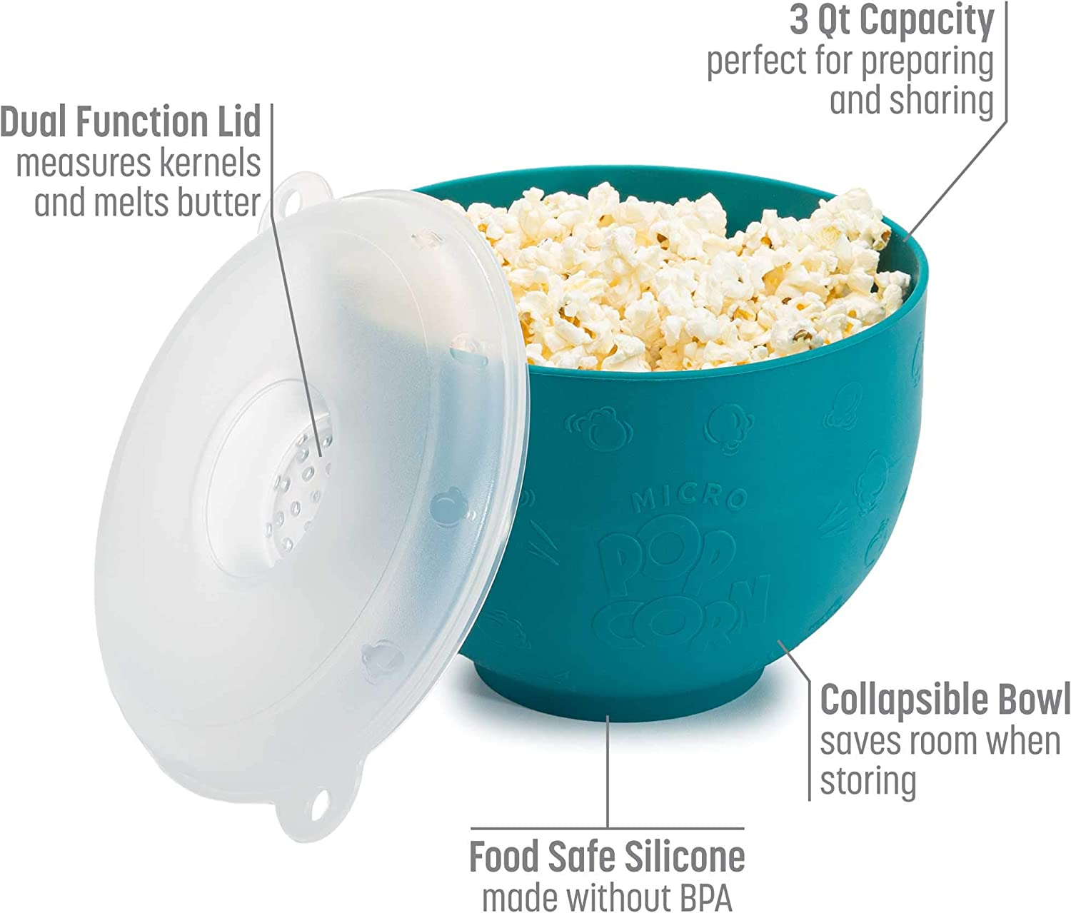 Goodful Silicone Popcorn Popper, Collapsible Hot Air Microwavable Popcorn Maker, Bowl Made without BPA, Teal