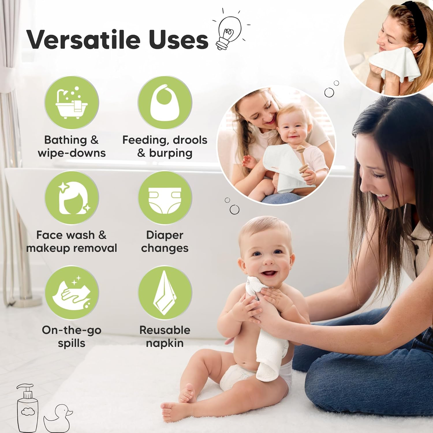 6-Pack Soft Baby Washcloths, Bamboo - Kids, Newborn Bath Towels, Infant Shower, Toddler Reusable Face Washer, Gentle on Skin, Baby Face Wash Cloth, 25X25Cm (White)