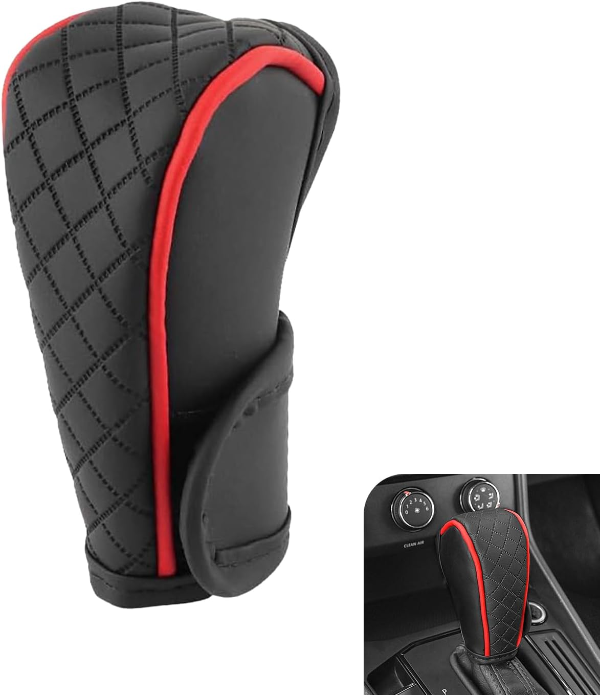 Car Gear Shift Cover, Leather Shifter Cover, Gear Shift Knob Cover for Shift Lever Protection, Universal Car Gear Shift Cover, Car Decoration Accessories (Black-Red)