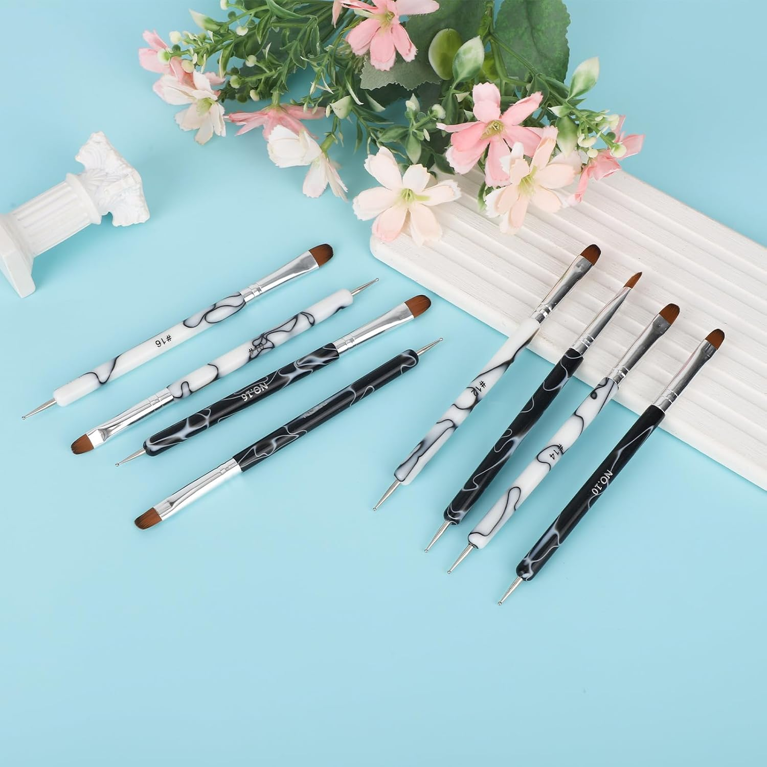 8Pcs French Nail Brushes with Dotting Tool, Dual Ended Gel Acrylic Manicure Brushes for Detailed Clean up Nail Designs (10# 12# 14# 16#, Black and White) image number 1