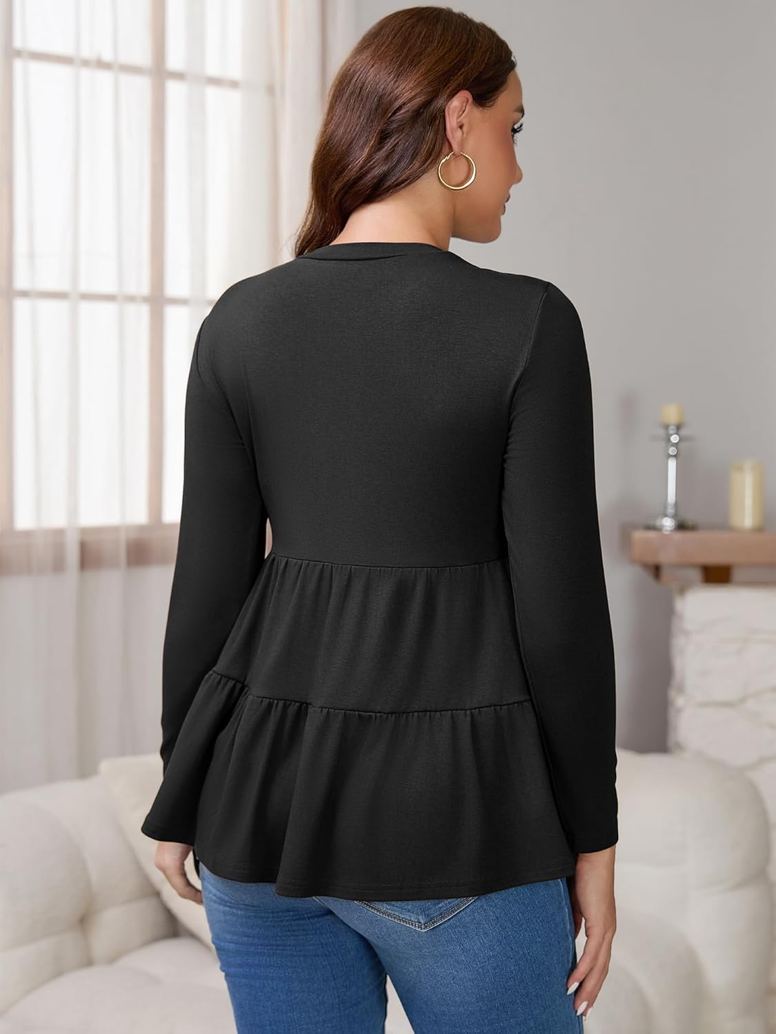 Cheibear Womens Nursing Top Ruffle Pleated Long Sleeve Tunic Rayon Postpartum Breastfeeding Shirt Pregnancy Clothes Black Large image number 6