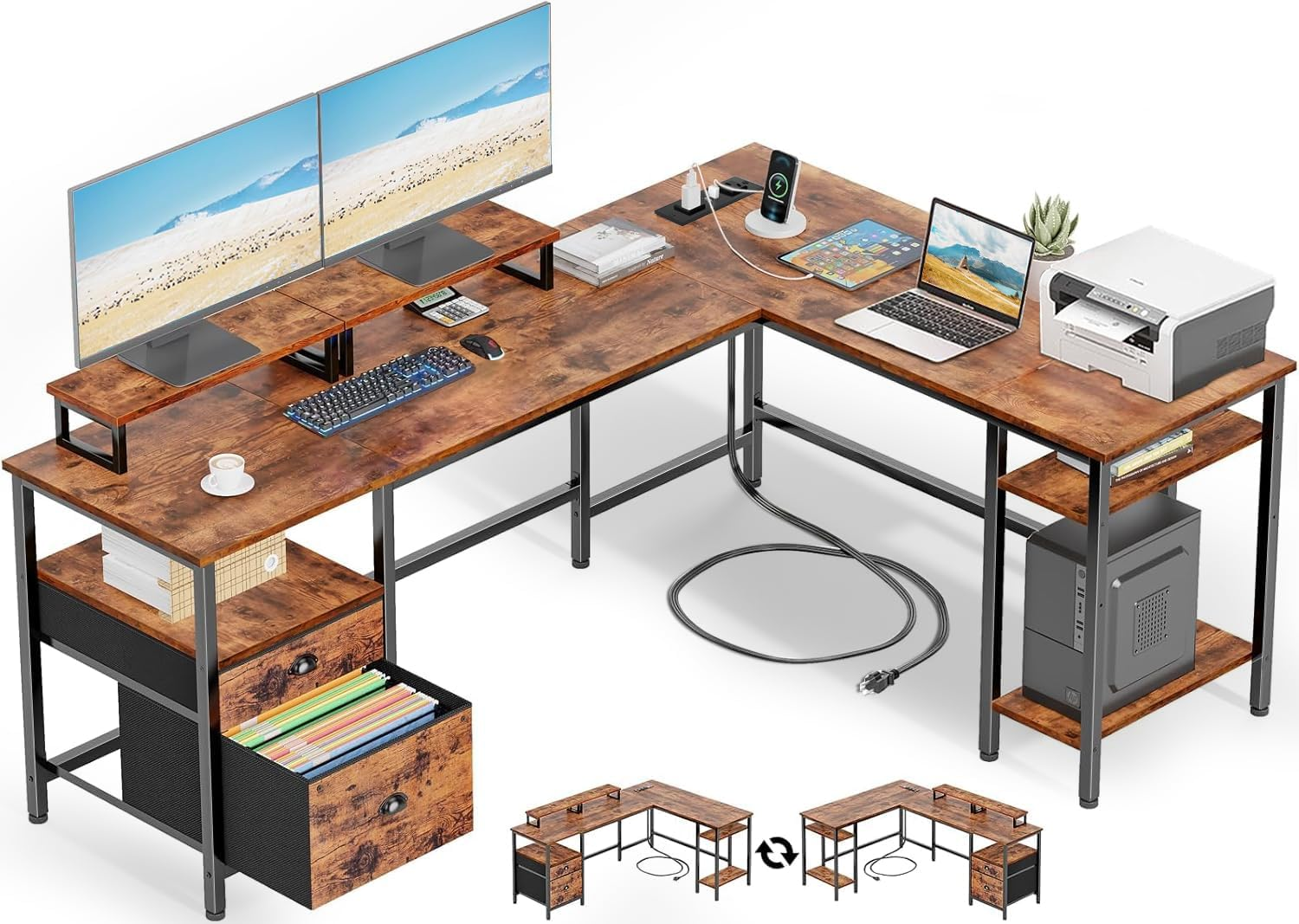 Yildue 66Inch L Shaped Computer Desk with Drawer & Power Outlet, Reversible Corner Desk with Monitor Stands and Storage Shelves, Rustic Wooden Office Desk for Work Gaming image number 2