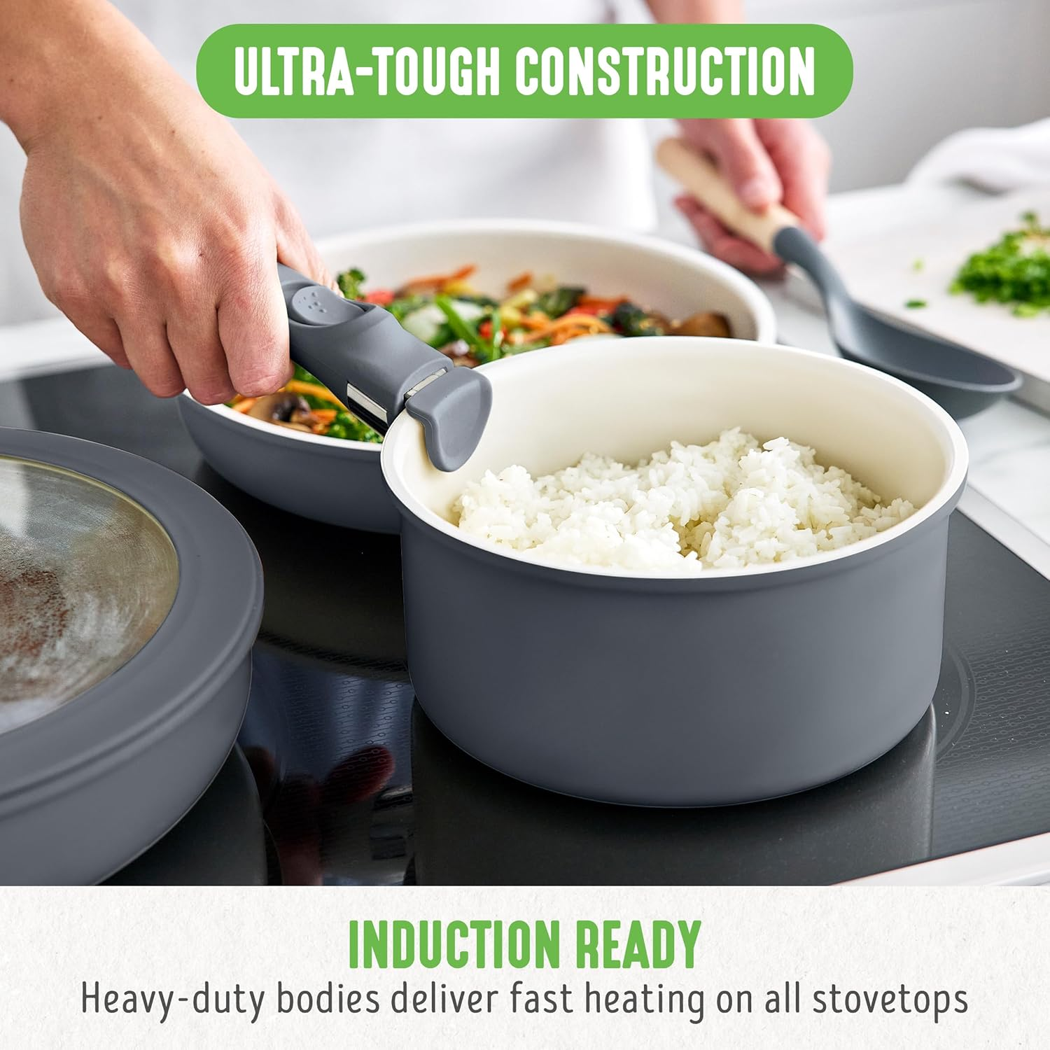 Greenlife 10 Piece Ceramic Pots and Pans Set, Nonstick Detachable & Stackable Cookware Set, Induction Kitchen Pans, Space Saving with Removable Handle, Oven Safe, Non Toxic Pfas-Free, Graphite