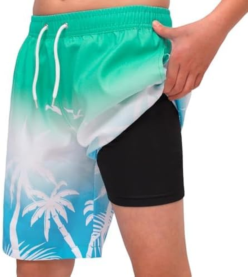Hill & Sea Boys Swim Trunks 2 in 1 Bathing Suits for Kids Quick Dry Board Shorts Swimming Swimwear with Compression Liner Adjustable Drawstring