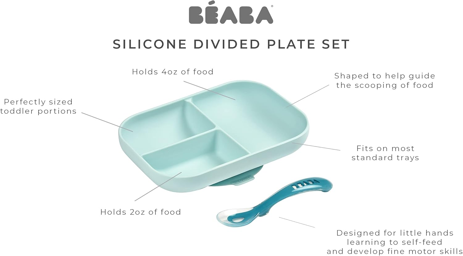 BEABA Divided Silicone Plate and Spoon Set, 2 Count, Blue image number 2