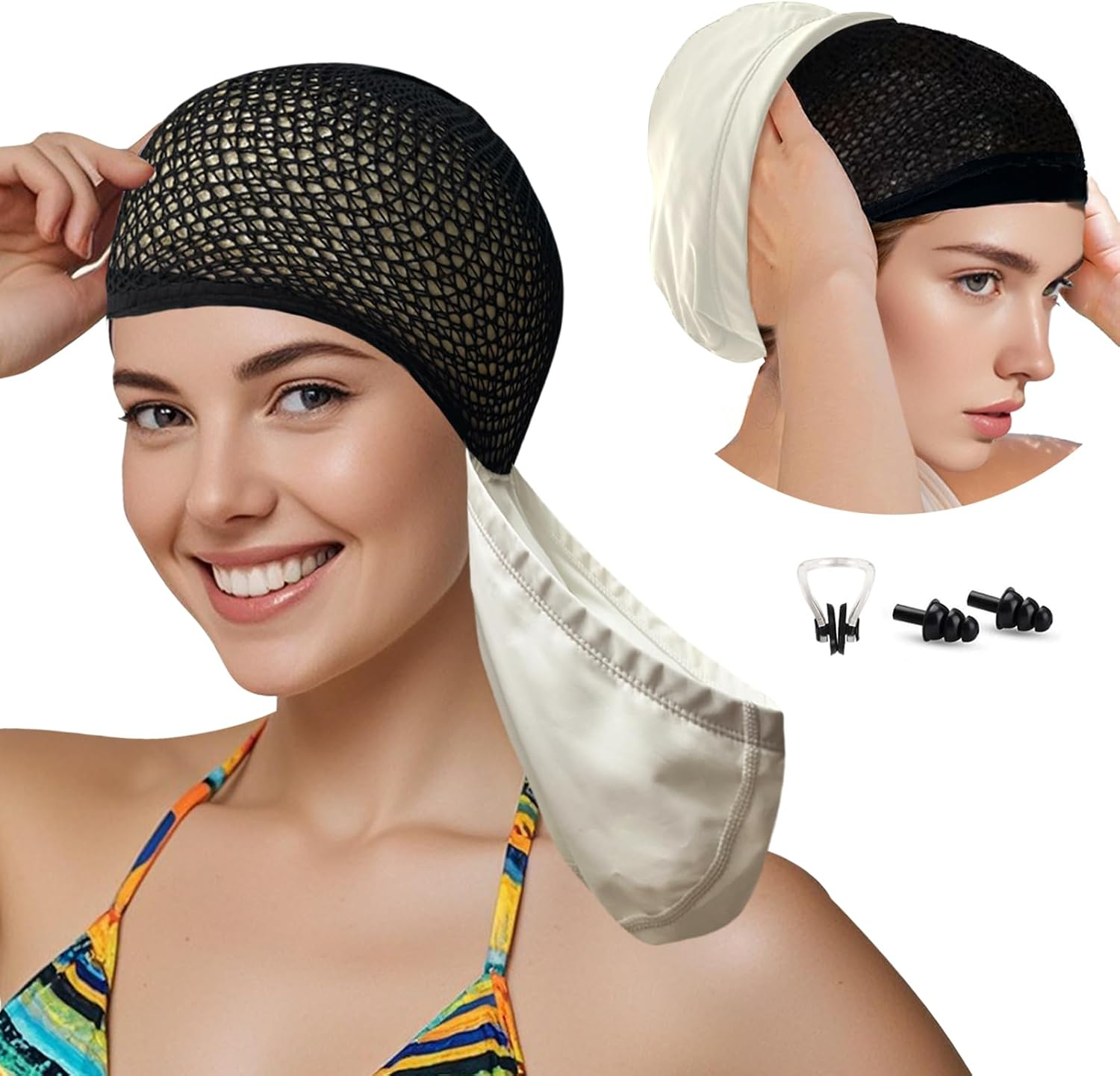 Women PU Coat Waterproof Fabric Hairnet Swim Cap Long Lair Swim Hat Elasticity Swimming Cap Long Hair - Black image number 1