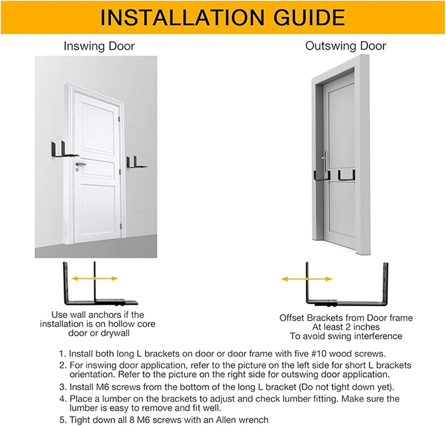 Jiawu Adjustable Door Barricade Brackets, Heavy Duty Drop Open Bar Holder, U Bracket, Black, Carbon Steel, Door Mount image number 4