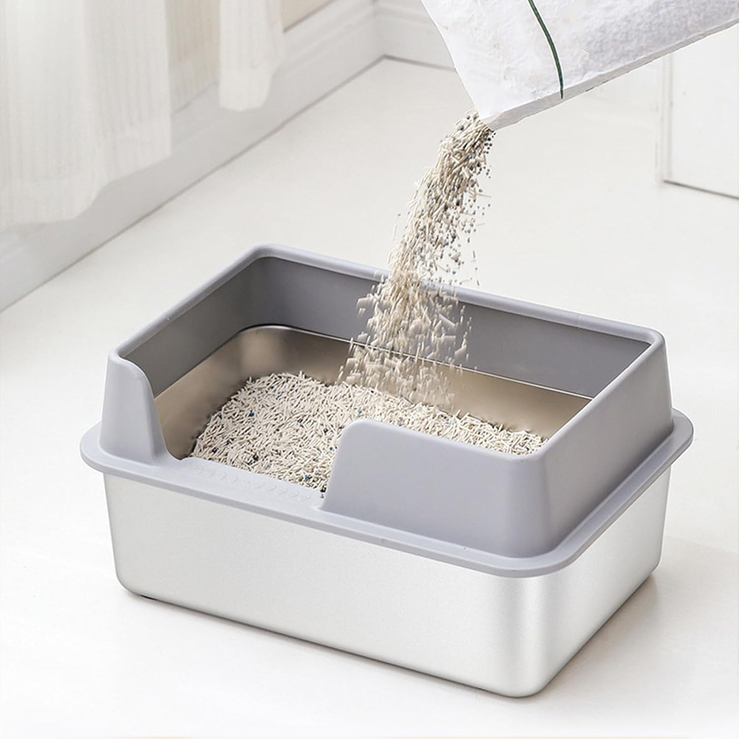 Stainless Steel Cat Litter Box, Sturdy Metal Litter Pan with High Wall Sides Enclosure, Cat Litter Pan(19.6In L X 13.7In W X 9.8In H), No Smell, Non Stick, Easy to Clean (Large - Large Size White image number 7