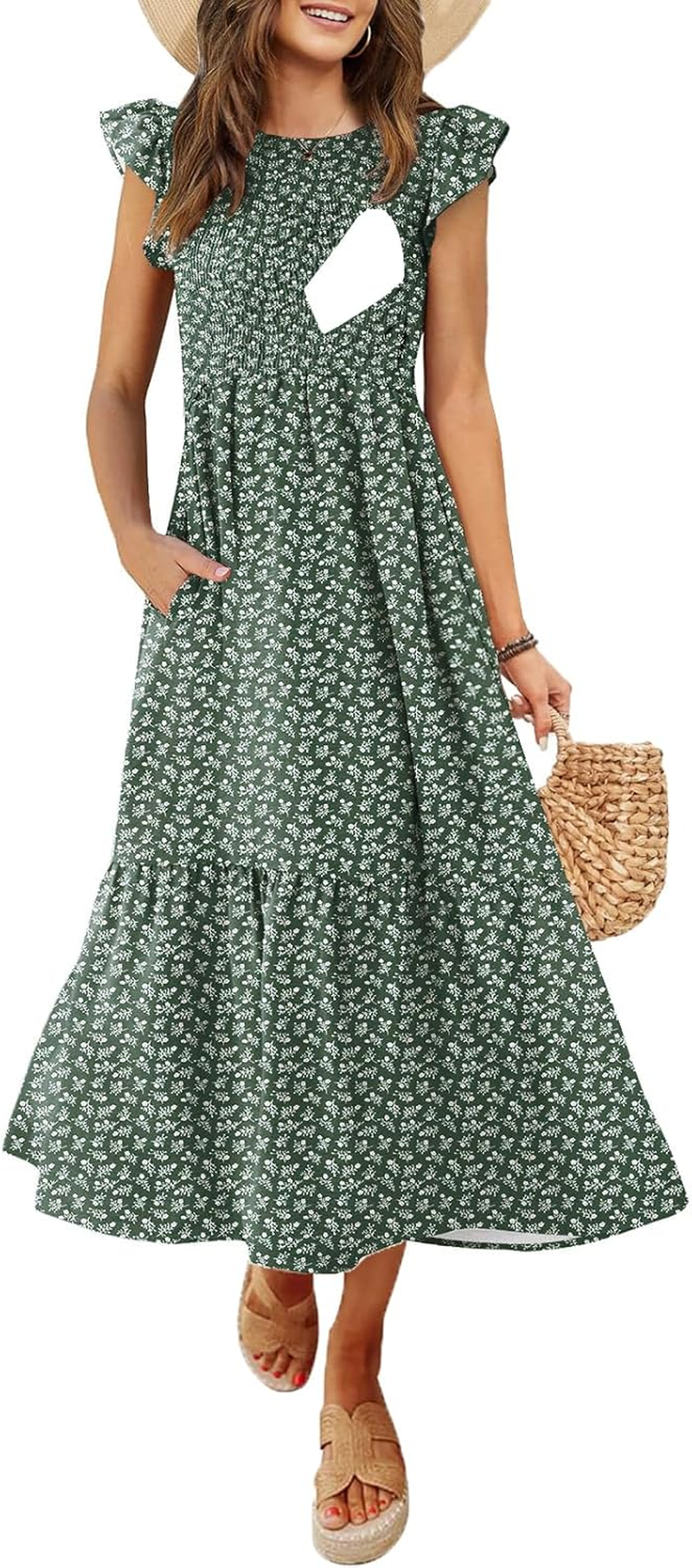 Women'S Nursing Dress Flutter Short Sleeve Crew Neck Smocked Elastic Waist Tiered Midi with Pockets image number 2