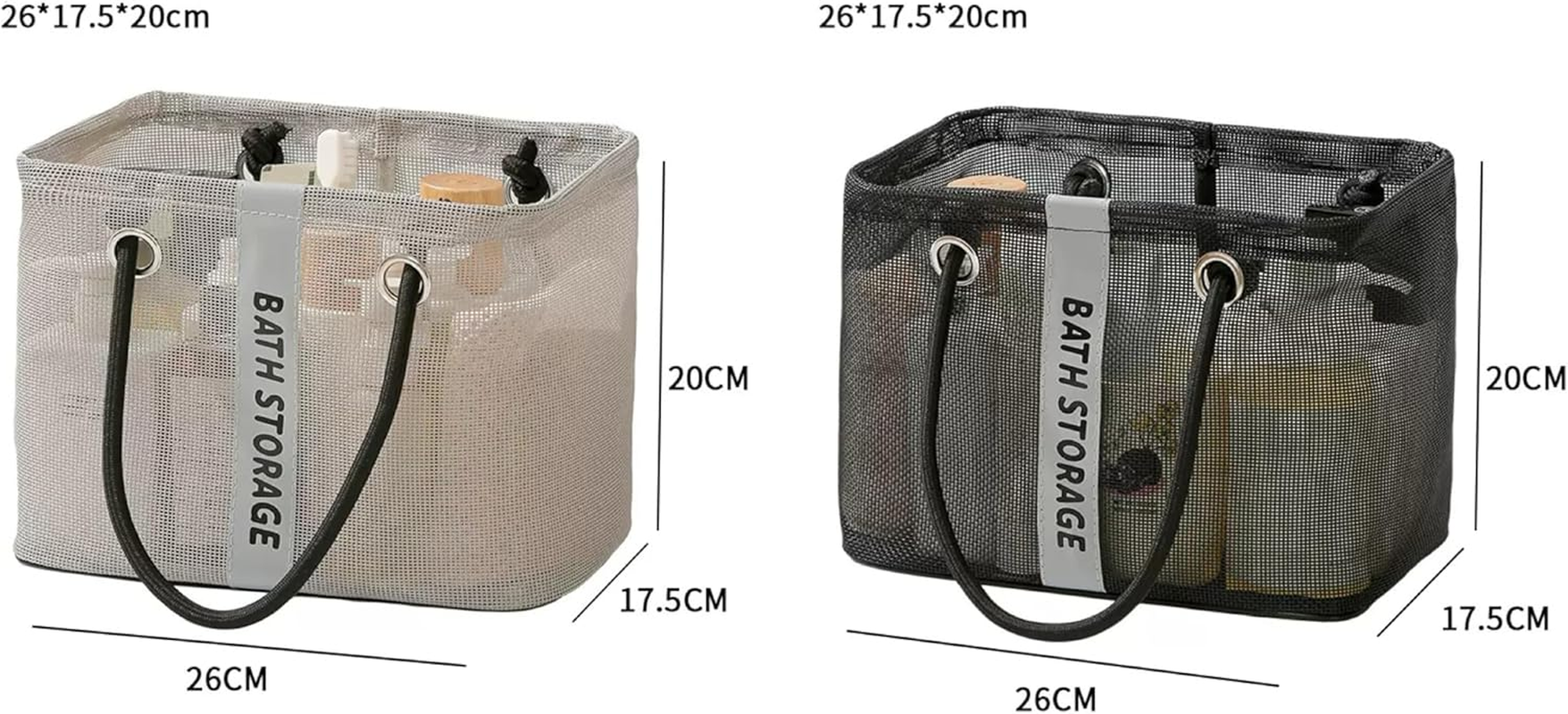 2 Pack Mesh Shower Caddy Tote, Black & Gray Bath Storage Organizer with Handles for Toiletries, Bathroom, Dorm, Travel image number 2