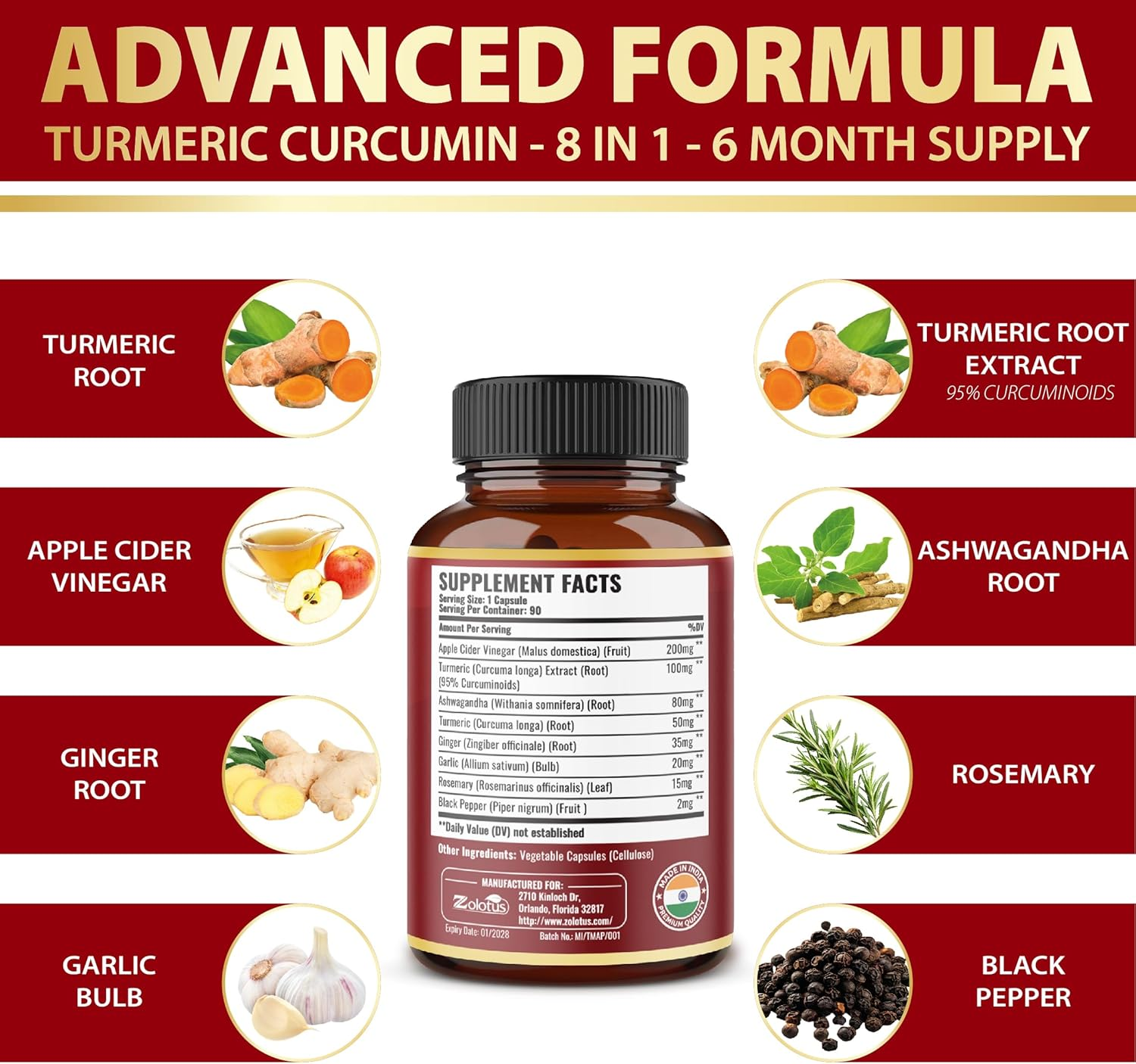 2Packs 90 Capsules Turmeric Curcumin + Apple Cinder Vinegar Capsules with Ashwagandha, Ginger, 95% Standardized Curcuminoids (6 Month Supply) image number 6