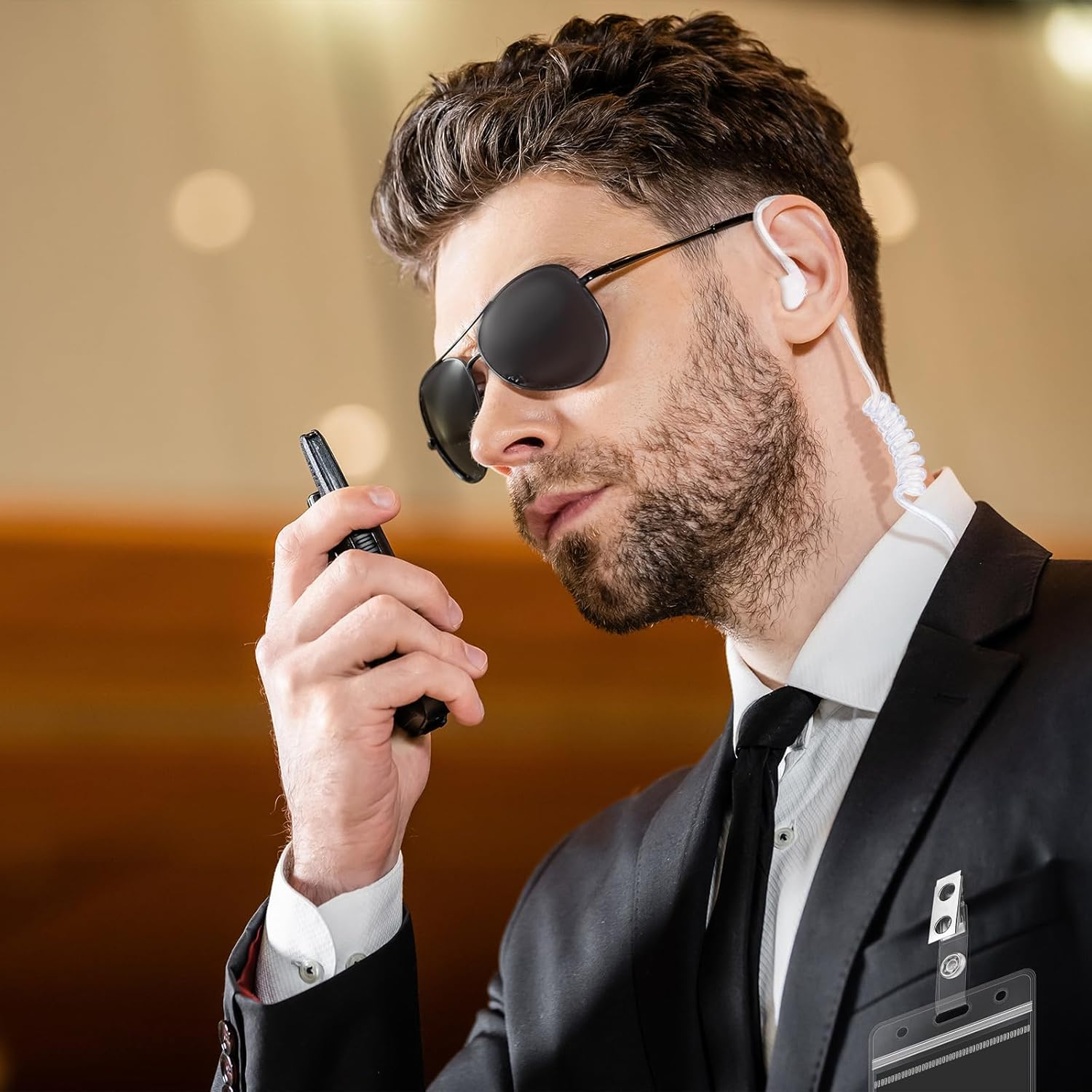 Mepase Set of 8 Agent Costume Set Secret Security Guard Costume Adjustable Pre-Tied Zipper Tie ID Badge Prop Black Sunglasses Earpiece for Men Halloween Party Cosplay Game, Black image number 3