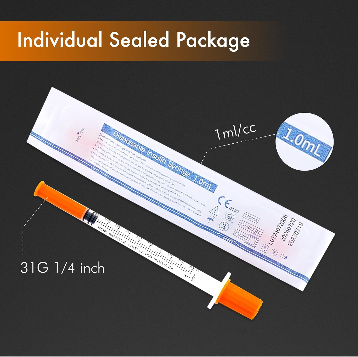 1Ml/Cc 31G 6Mm Syringes, Lab Dispensing Syringe, Individual Wrapped, 20 Pack