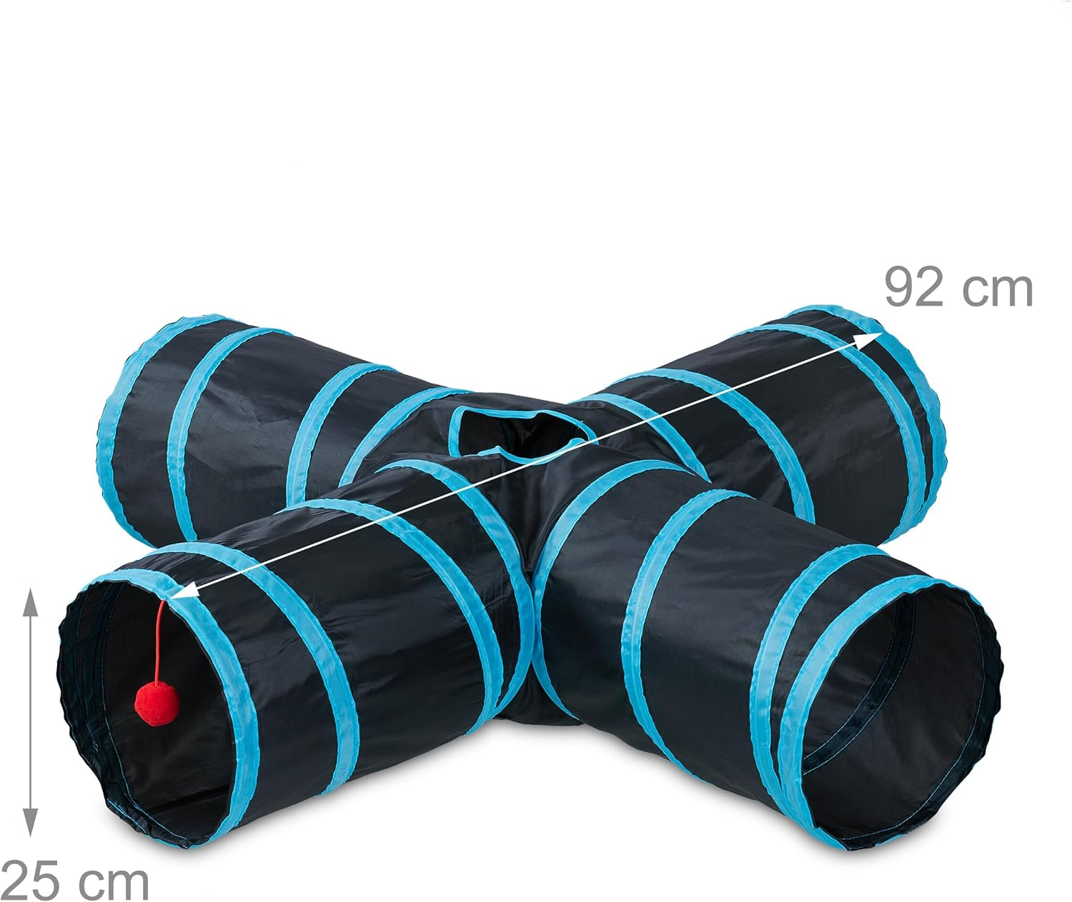 Relaxdays Cat Tunnel, Foldable Cat Tube, HBT: 25 X 92 X 92 Cm, Play Tunnel, Cat Accessories, with 4 Ways, Nylon, Colourful image number 2