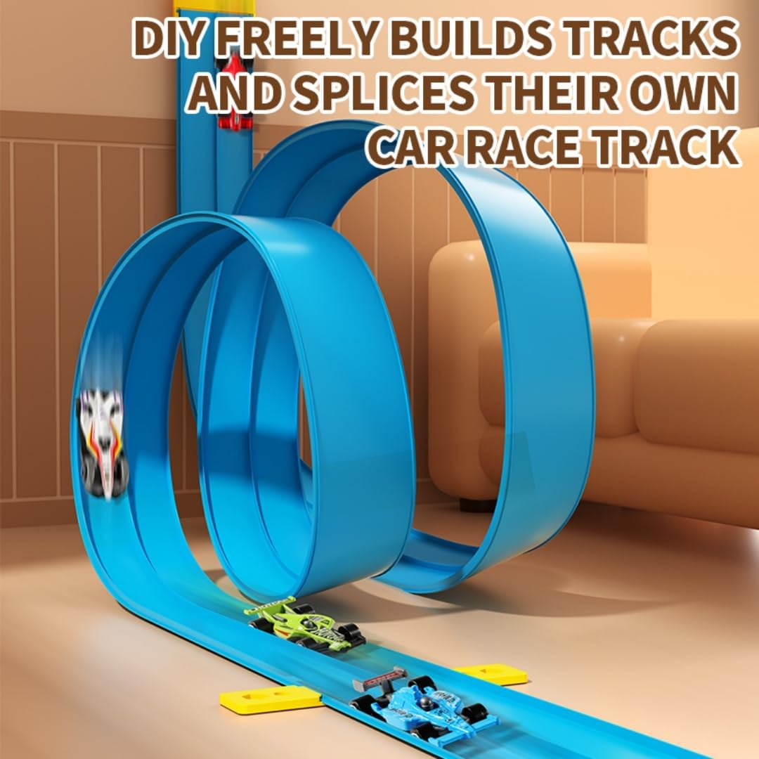 390CM Flexible Race Track Toys for Kids, Flex Race Car Set with 4 Toy Cars, with Suction Cups Compatible with Hot Wheels and Diecast 1/64Th Cars, Classic Long Rolls up Portable Racetrack, Blue