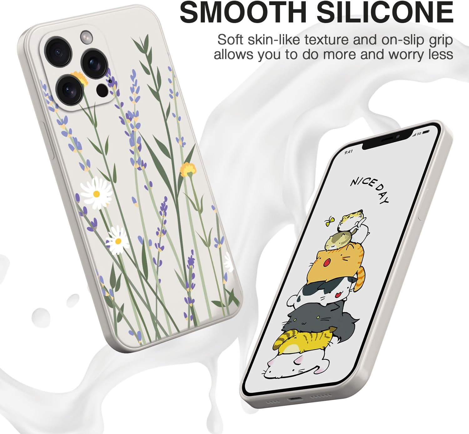 XINYEXIN Silicone Case for Samsung Galaxy A56 5G with Cute Pattern Ultra Thin Straight Edge Soft Silicone Mobile Phone Case Shockproof Protective Case - Lavender, White - Flowers, Black image number 6