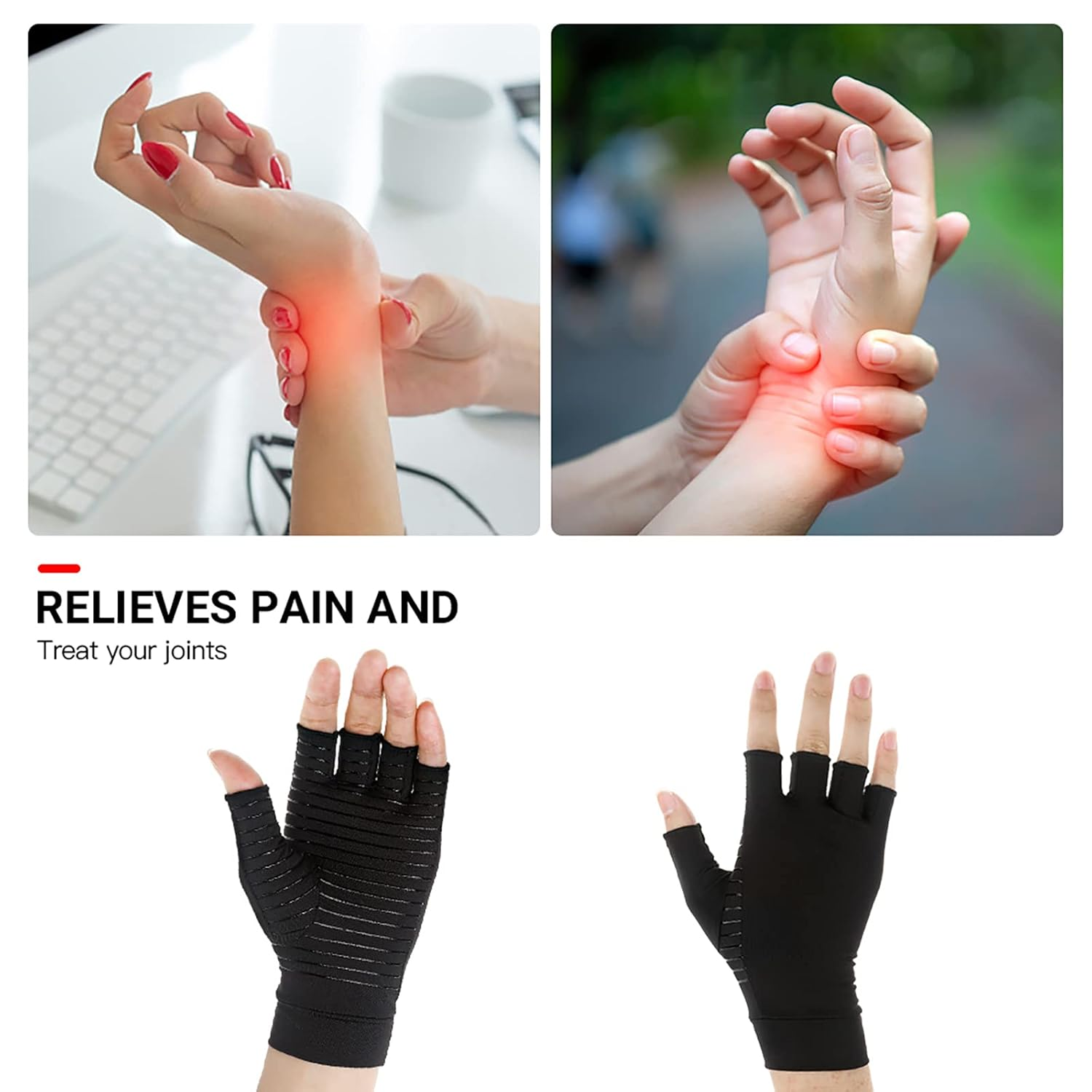Mokigol Copper Arthritis Gloves, Copper Infused Fingerless Glove for Arthritis Pain to Alleviate Carpal Tunnel, Rheumatoid, Tendonitis, Computer Typing and Daily Work Fits Women & Men, Black, Medium image number 2