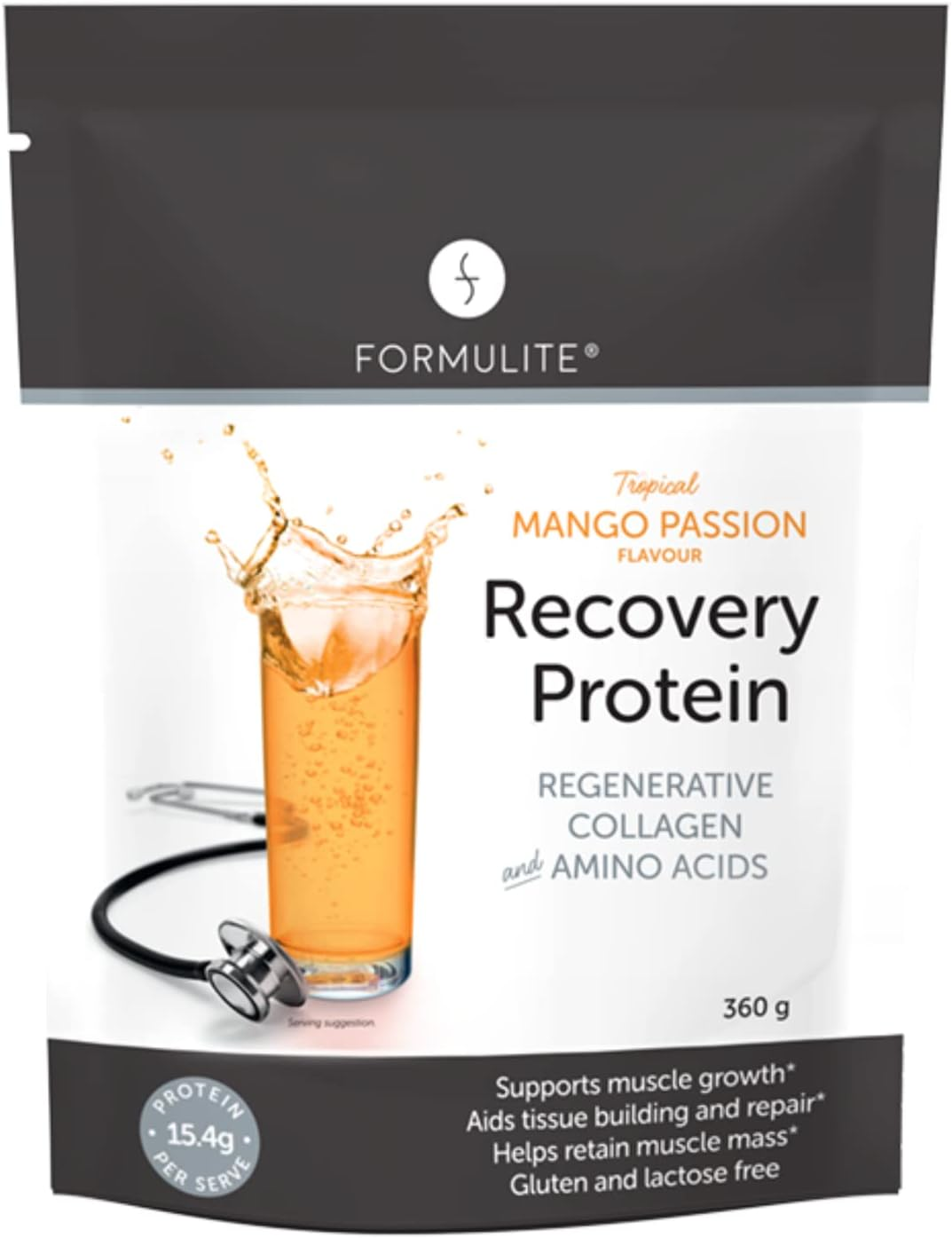 Formulite Recovery Protein Pouch 500G, with Collagen and Amino Acids, High Protein, Low Carb, Low Sugar, Gluten Free, Dairy Free for Men and Women (Mango Passion) image number 2