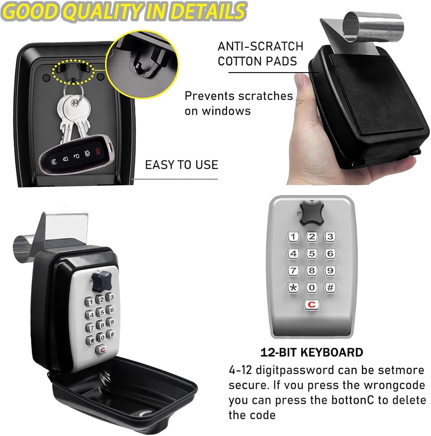 Car Window Lock Box, Car Lock Box Car Window Punch Button Lock Box for Turo, Waterproof 12 Digit Combination Punch Button Key Lock Box, Car Key Lock Box, Large Capacity image number 6